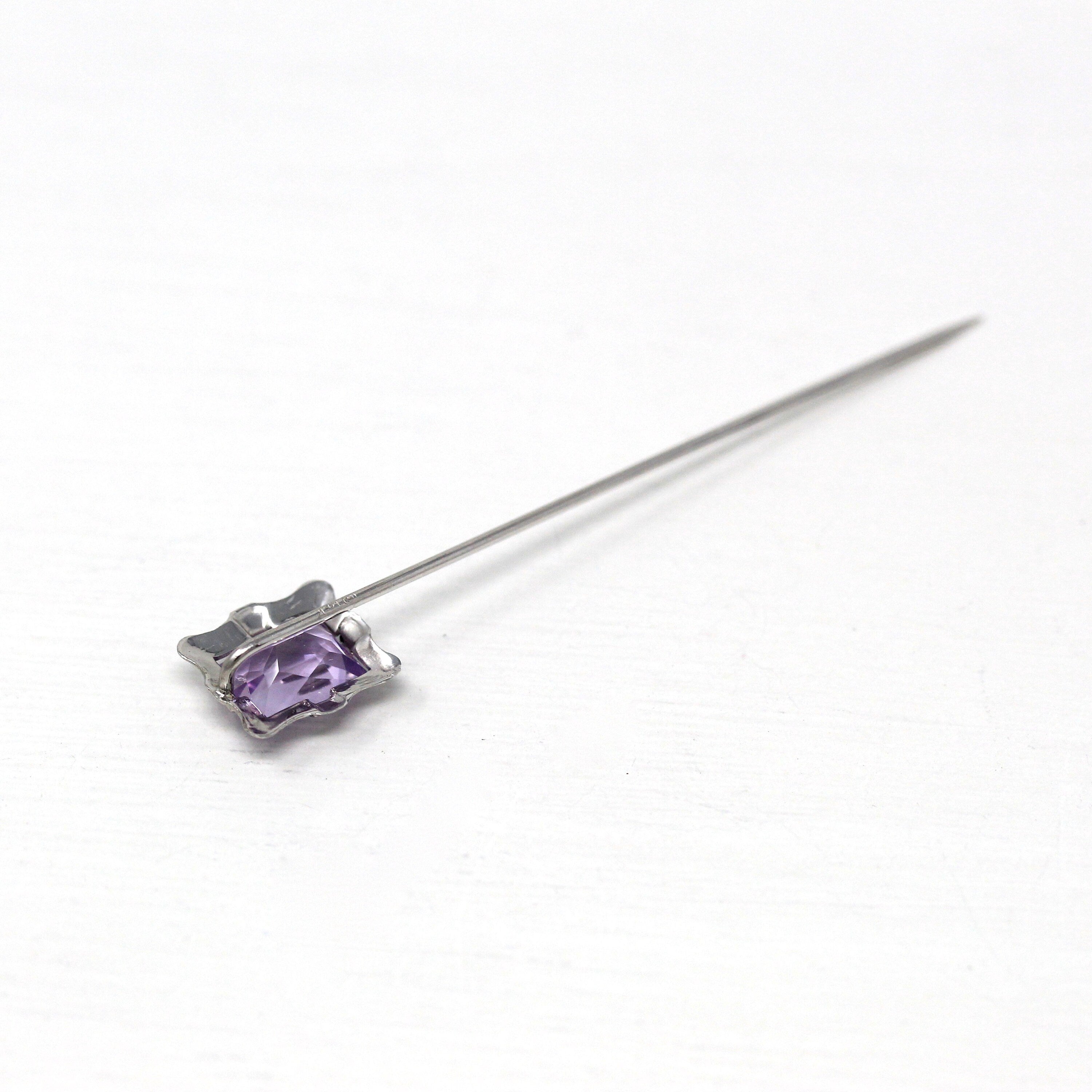 Vintage Stick Pin - Art Deco 14k White Gold Genuine Amethyst Gemstone - Circa 1930s Era Fashion Accessory Fine February Birthstone Jewelry