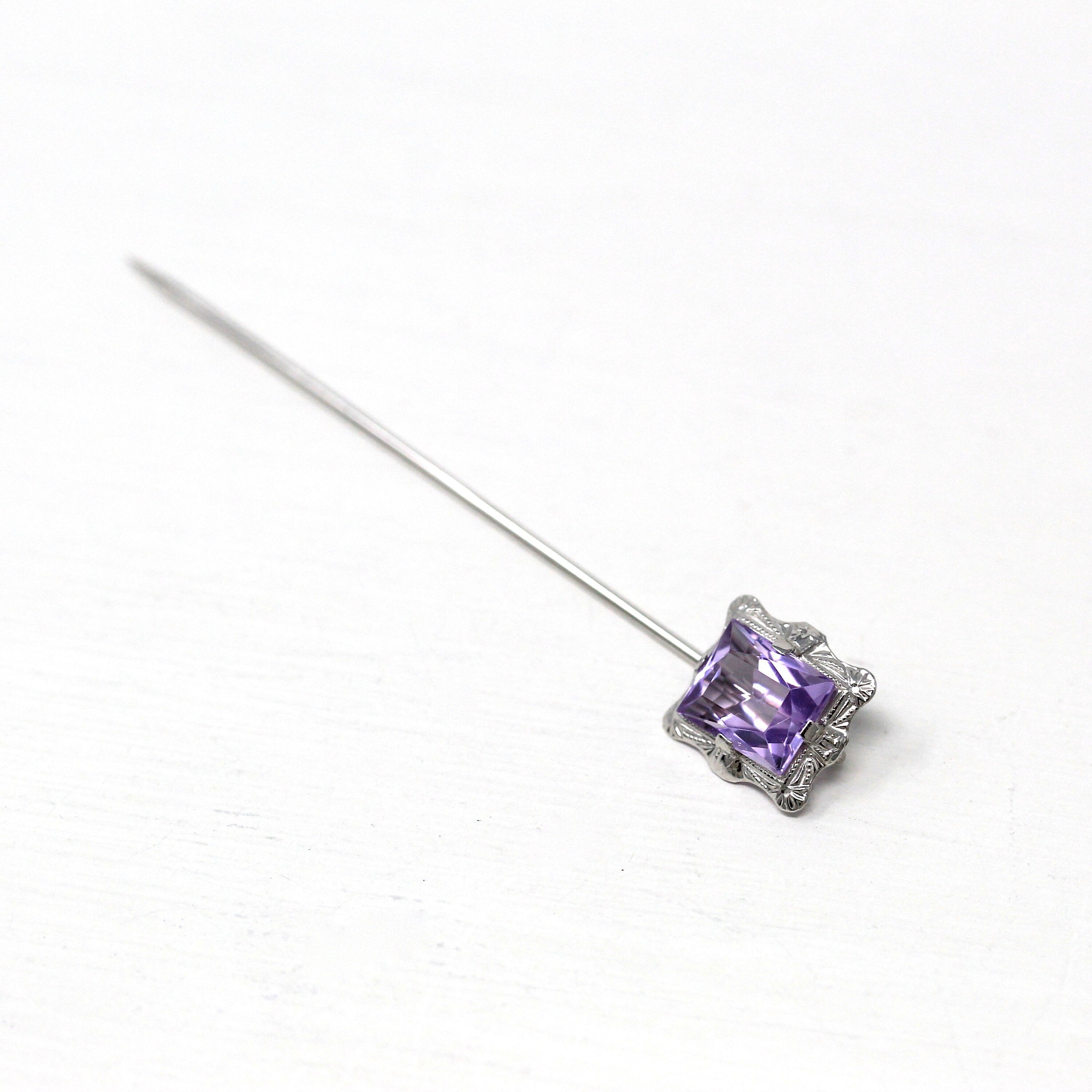 Vintage Stick Pin - Art Deco 14k White Gold Genuine Amethyst Gemstone - Circa 1930s Era Fashion Accessory Fine February Birthstone Jewelry