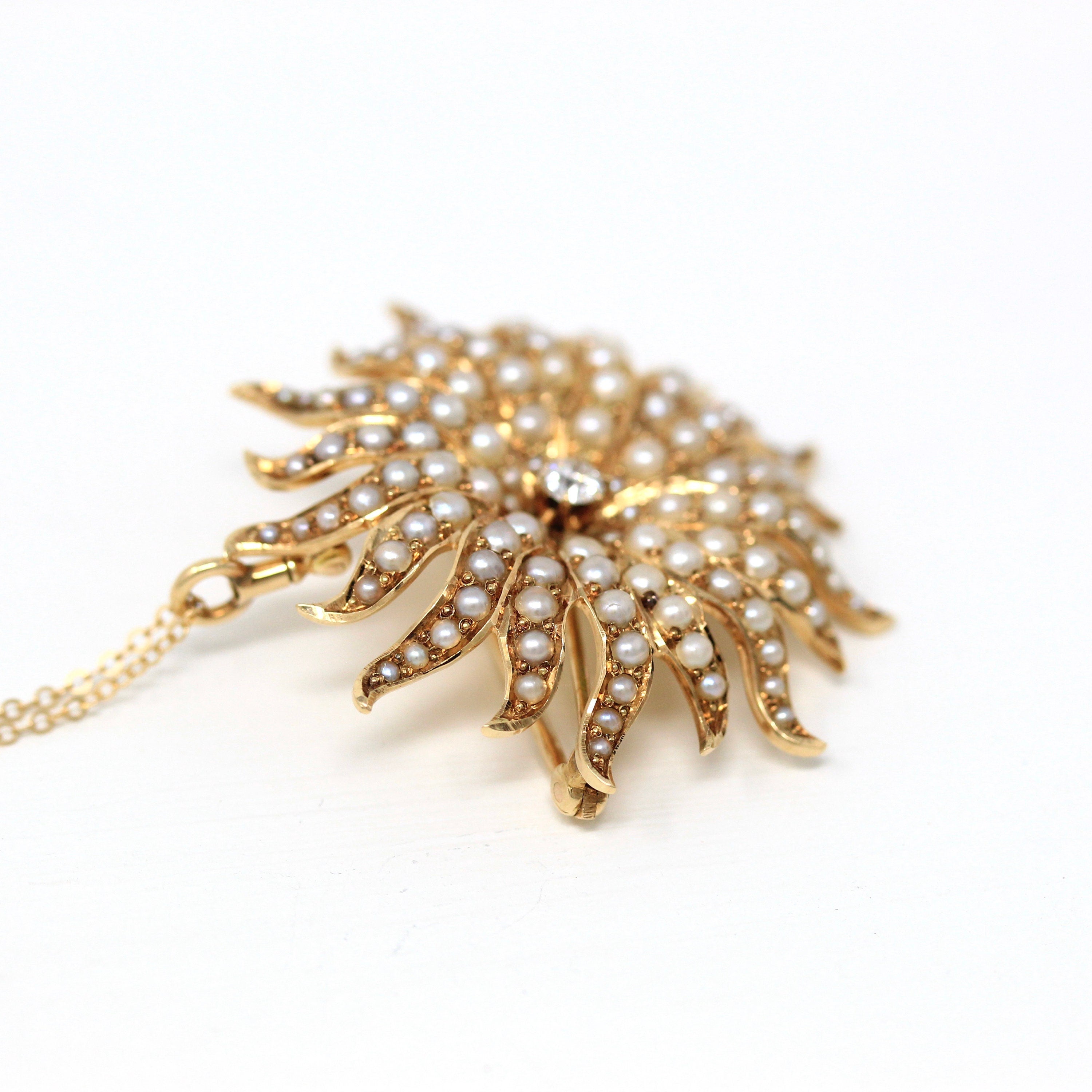 Antique Starburst Necklace - Edwardian 14k Yellow Gold Seed Pearls Brooch Pendant - Circa 1910s Genuine Diamond Sun Star Celestial Jewelry