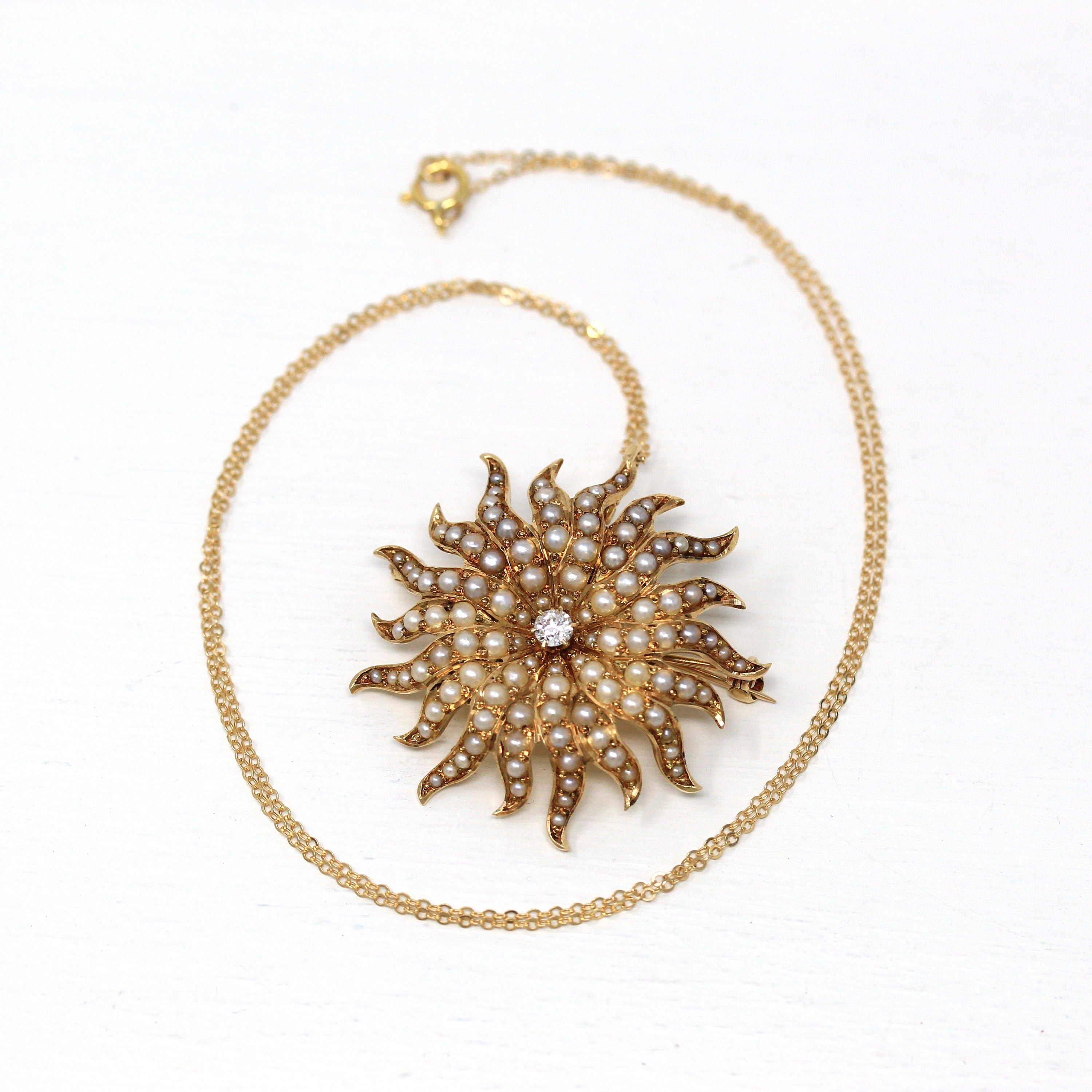 Antique Starburst Necklace - Edwardian 14k Yellow Gold Seed Pearls Brooch Pendant - Circa 1910s Genuine Diamond Sun Star Celestial Jewelry