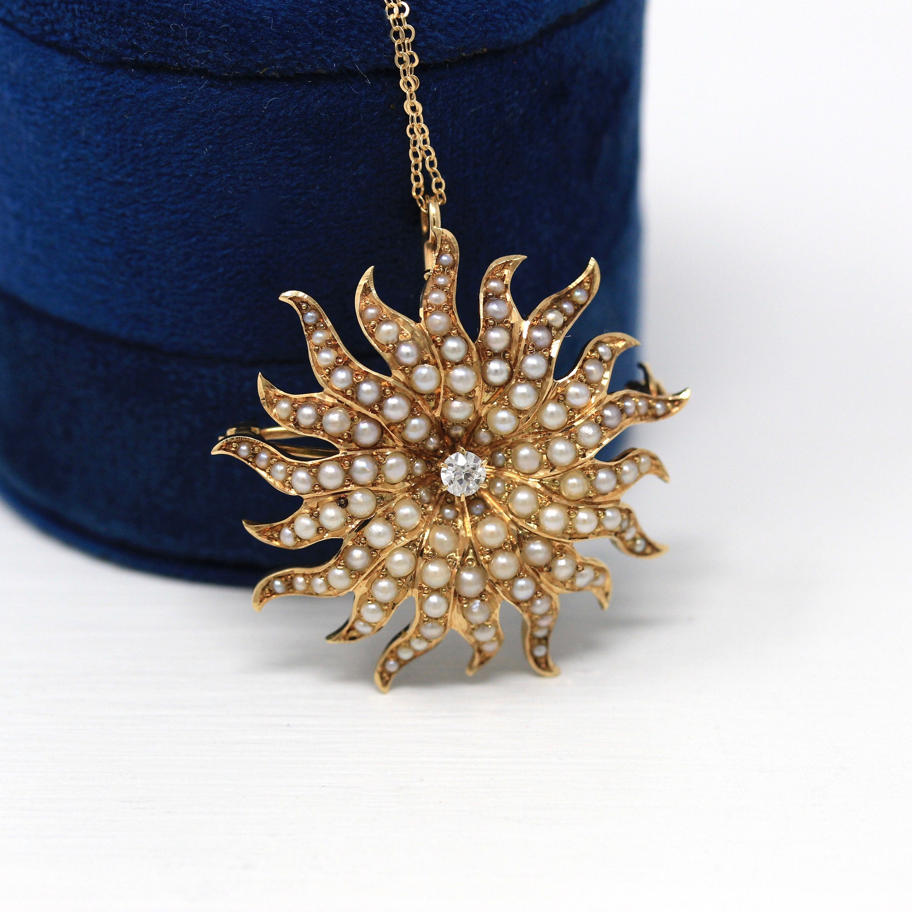 Antique Starburst Necklace Edwardian 14K Yellow Gold Seed Pearls Brooch Pendant Circa 1910s Genuine Diamond Sun Star Celestial Jewelry Add 18 GF