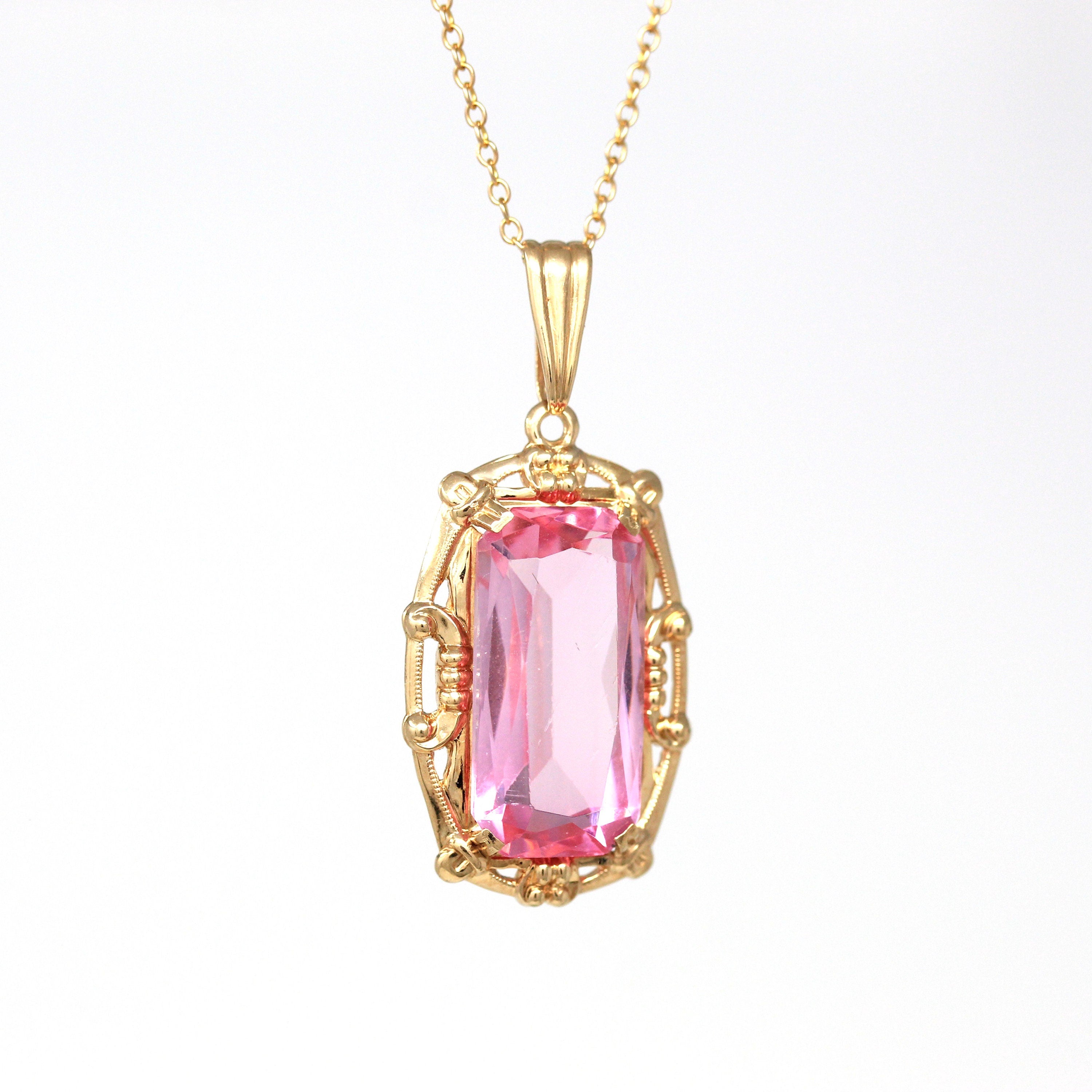 Vintage Pendant Necklace - Retro 10k Yellow Gold Rectangular Faceted Pink Glass Statement - Vintage Circa 1940s Era Fine BDA Flower Jewelry