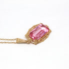 Vintage Pendant Necklace - Retro 10k Yellow Gold Rectangular Faceted Pink Glass Statement - Vintage Circa 1940s Era Fine BDA Flower Jewelry