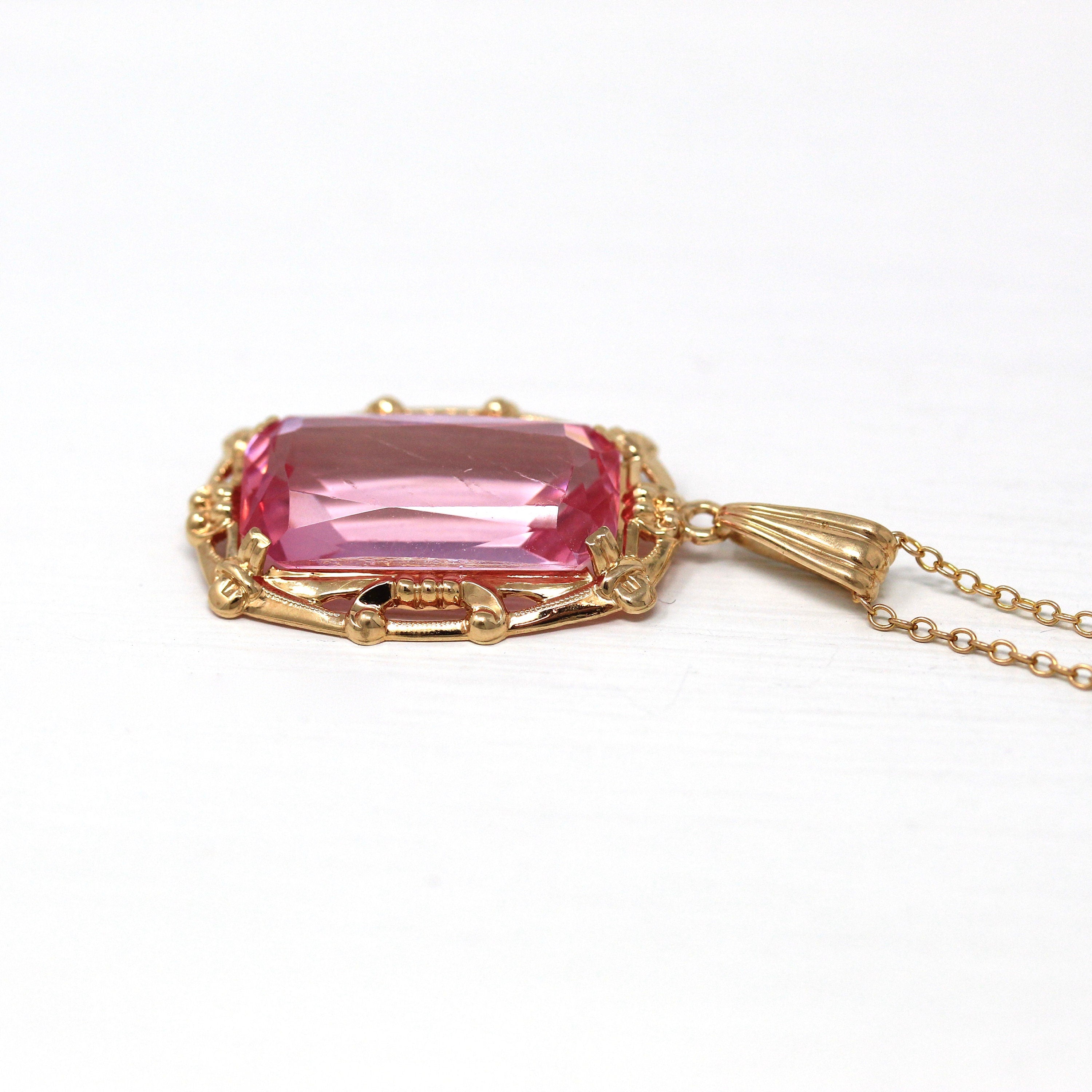 Vintage Pendant Necklace - Retro 10k Yellow Gold Rectangular Faceted Pink Glass Statement - Vintage Circa 1940s Era Fine BDA Flower Jewelry