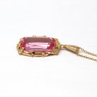 Vintage Pendant Necklace - Retro 10k Yellow Gold Rectangular Faceted Pink Glass Statement - Vintage Circa 1940s Era Fine BDA Flower Jewelry