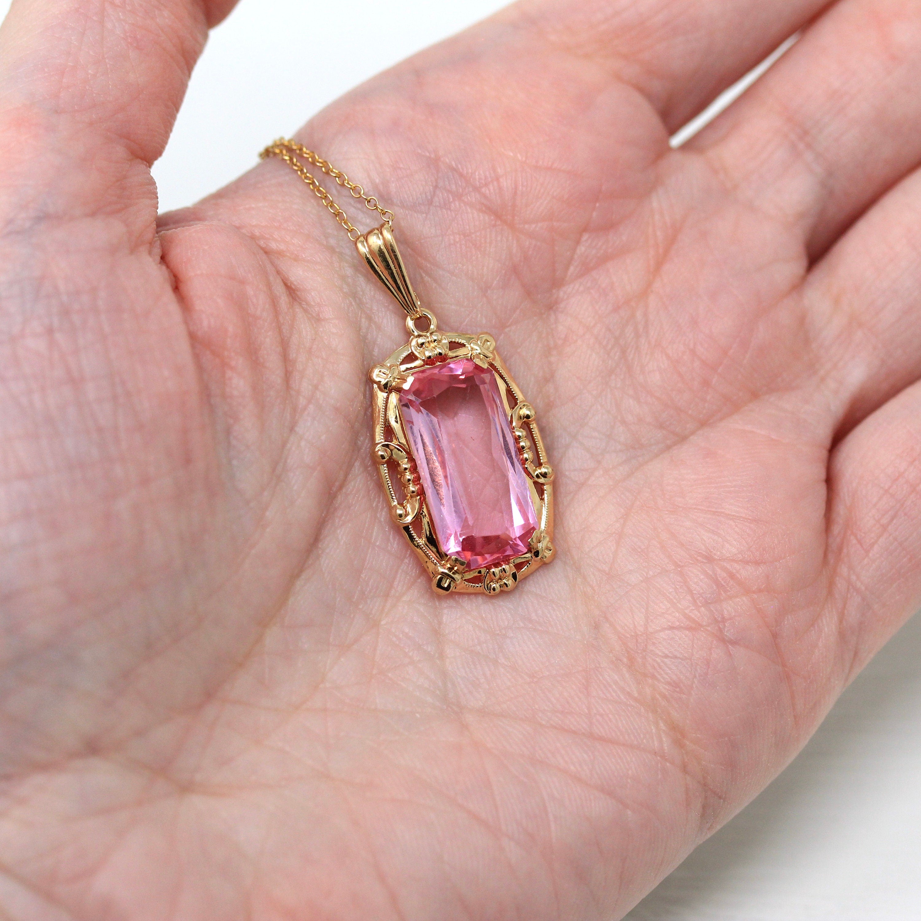 Vintage Pendant Necklace - Retro 10k Yellow Gold Rectangular Faceted Pink Glass Statement - Vintage Circa 1940s Era Fine BDA Flower Jewelry