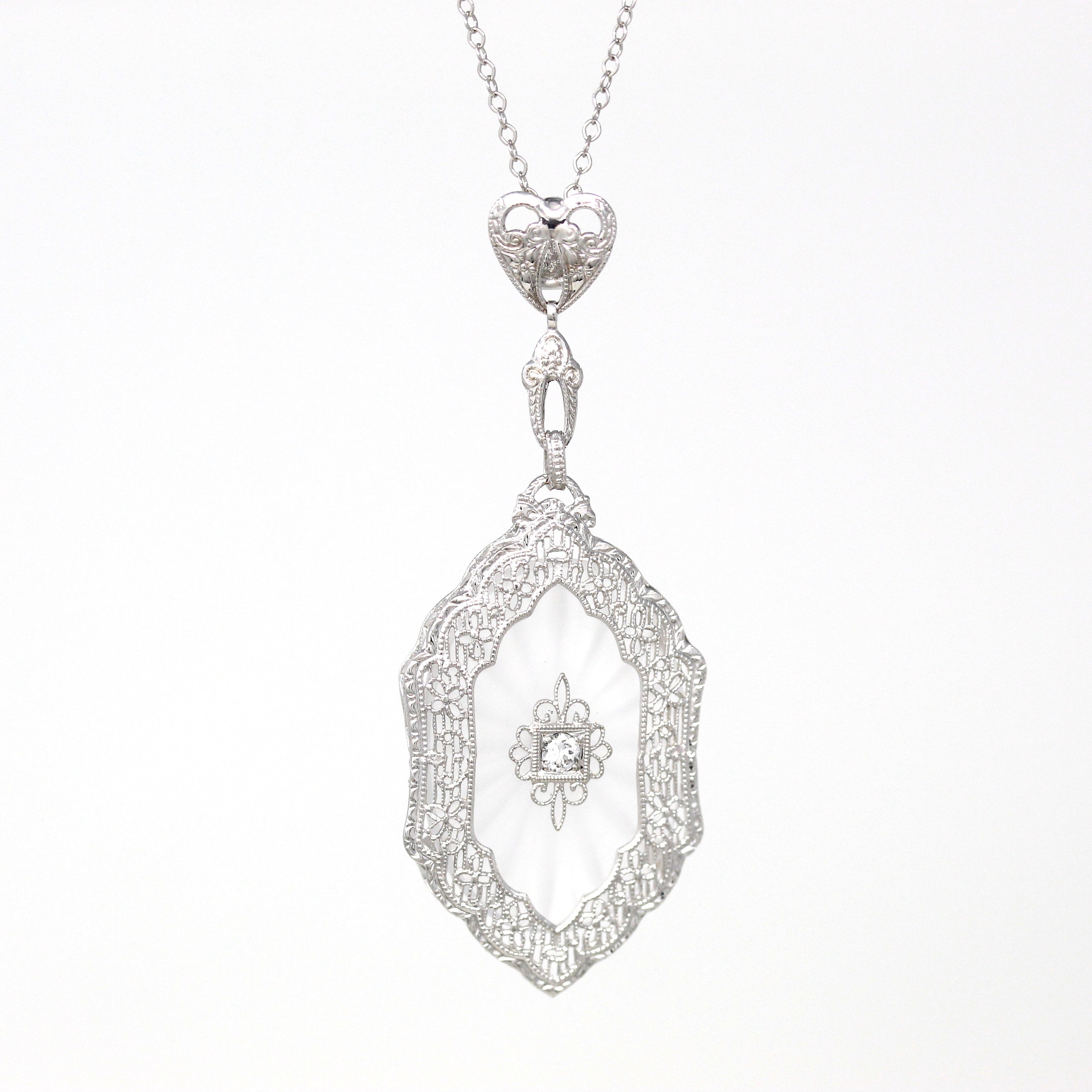 Rock Crystal Quartz Necklace - Art Deco 14k White Gold Genuine Diamond Pendant - Vintage Circa 1930s Era Statement Filigree Fine 30s Jewelry