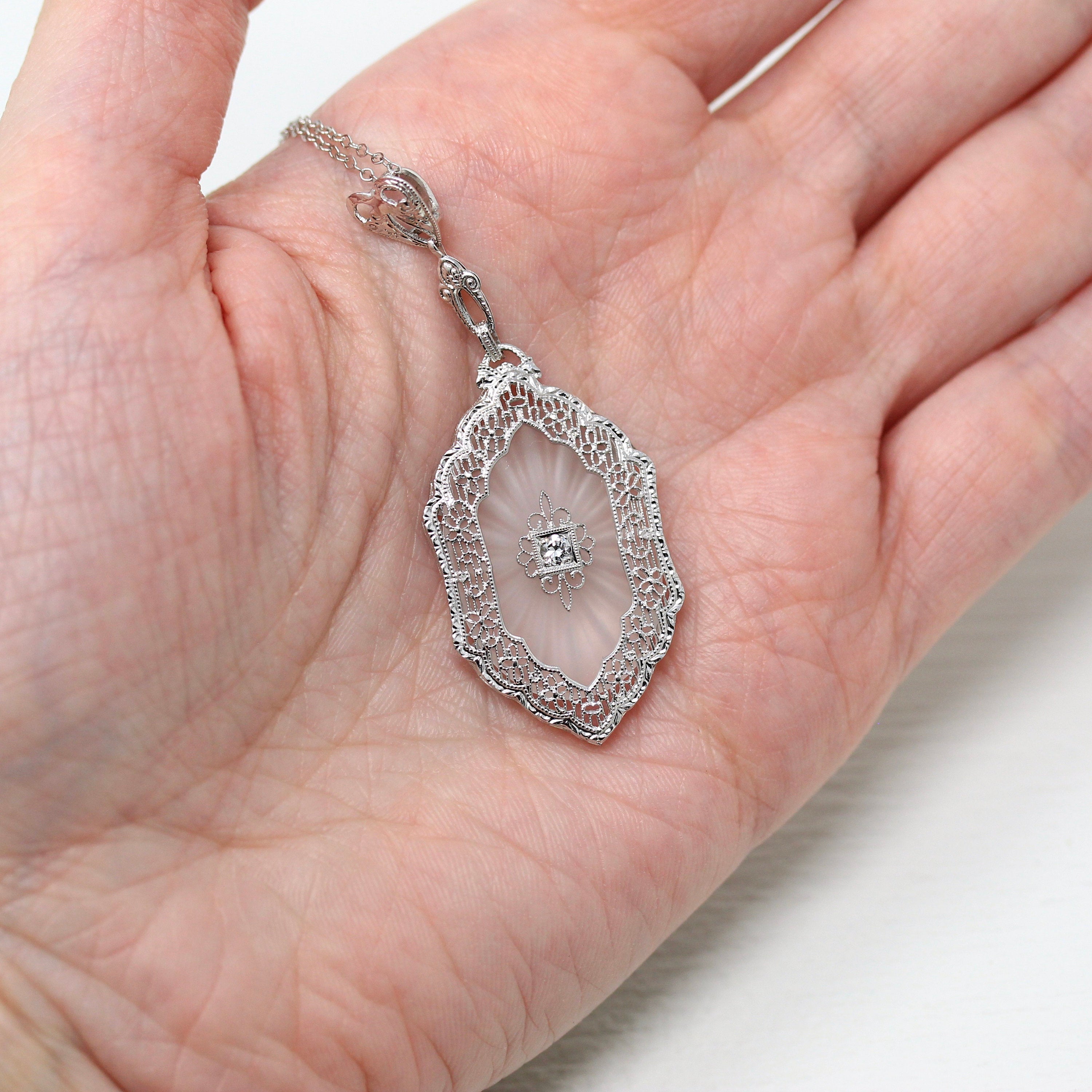 Rock Crystal Quartz Necklace - Art Deco 14k White Gold Genuine Diamond Pendant - Vintage Circa 1930s Era Statement Filigree Fine 30s Jewelry