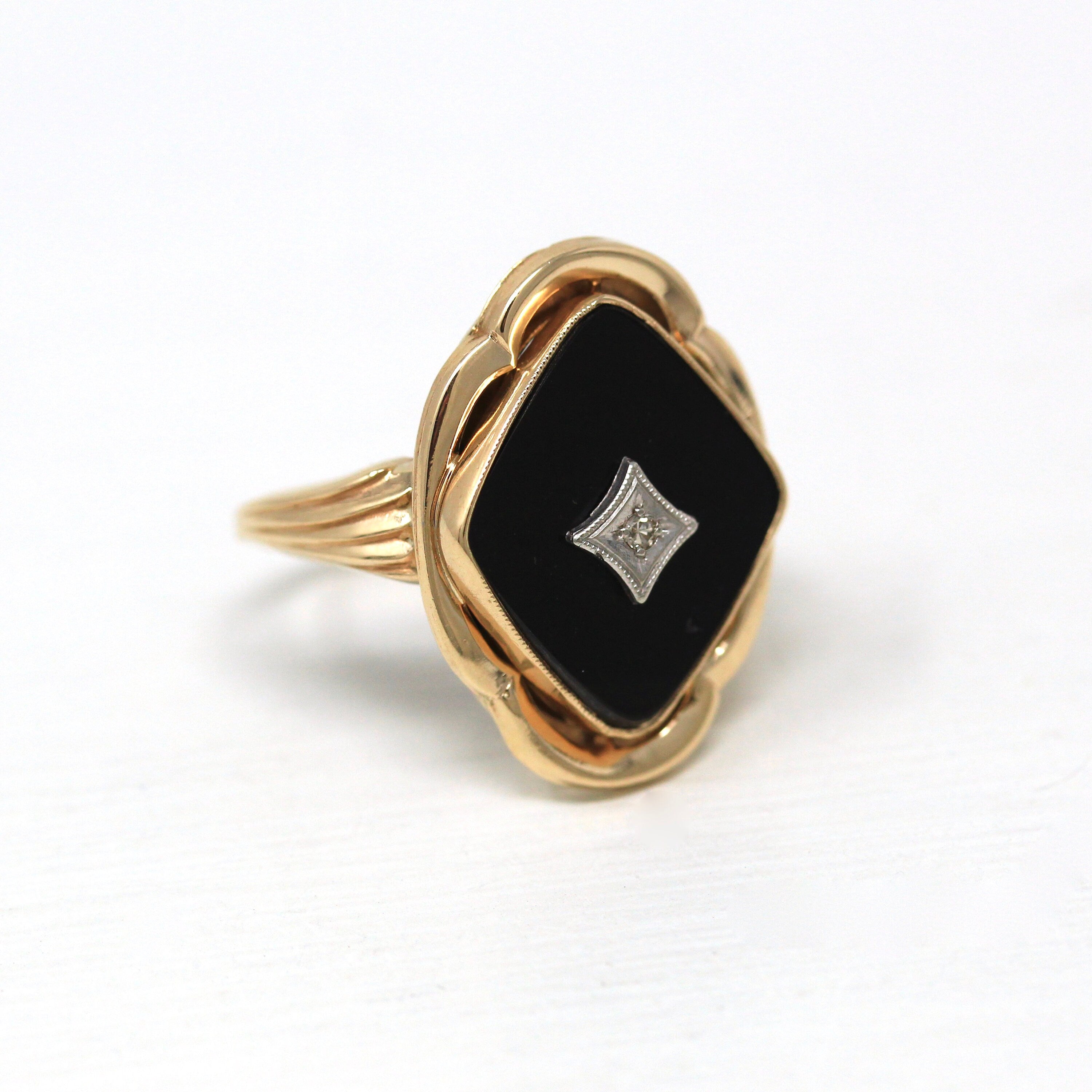 Vintage Onyx Ring - Retro 10k Yellow Gold Fancy Cut Genuine Black Gemstone - Circa 1940s Era Size 5 Statement Diamond Fine Esemco Jewelry