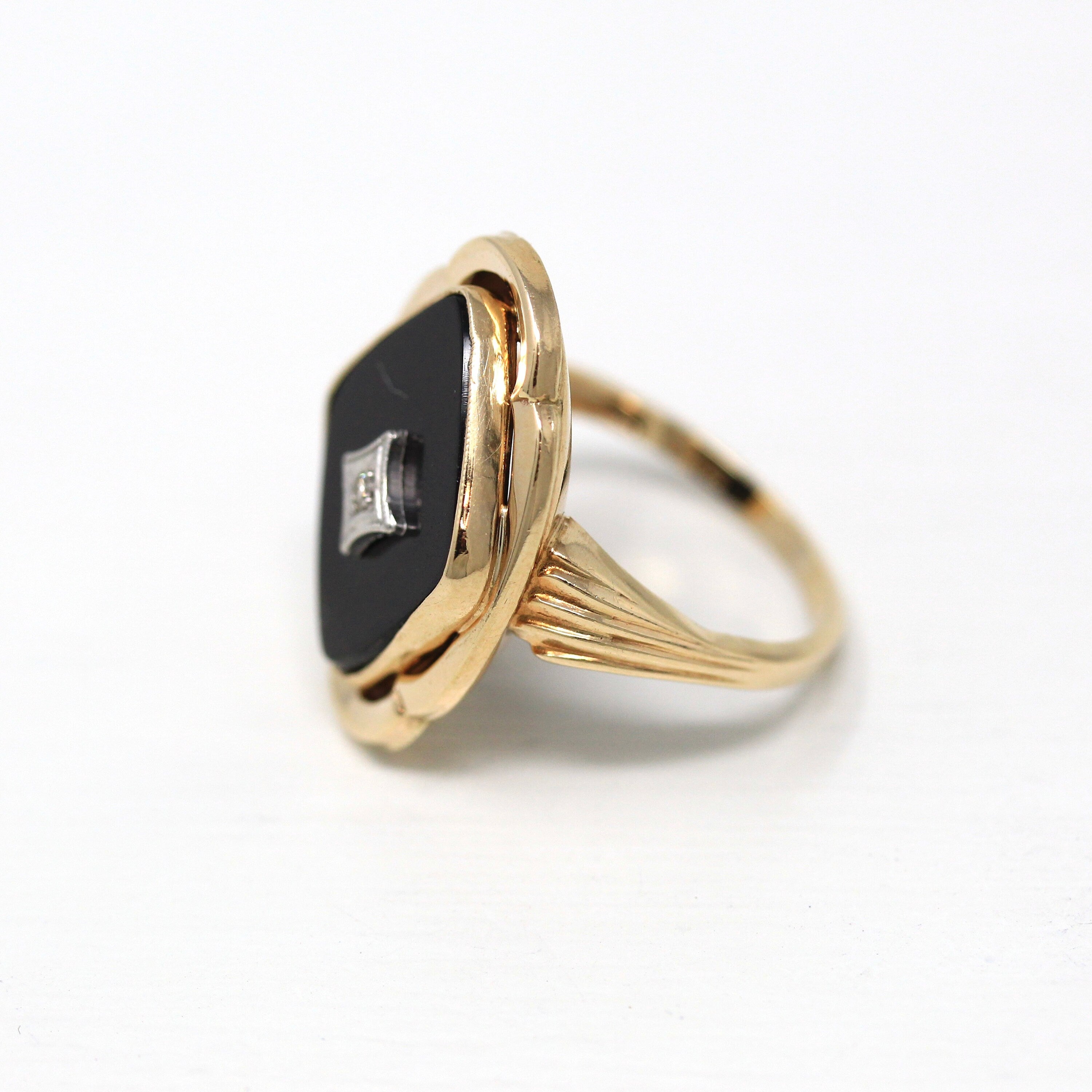 Vintage Onyx Ring - Retro 10k Yellow Gold Fancy Cut Genuine Black Gemstone - Circa 1940s Era Size 5 Statement Diamond Fine Esemco Jewelry