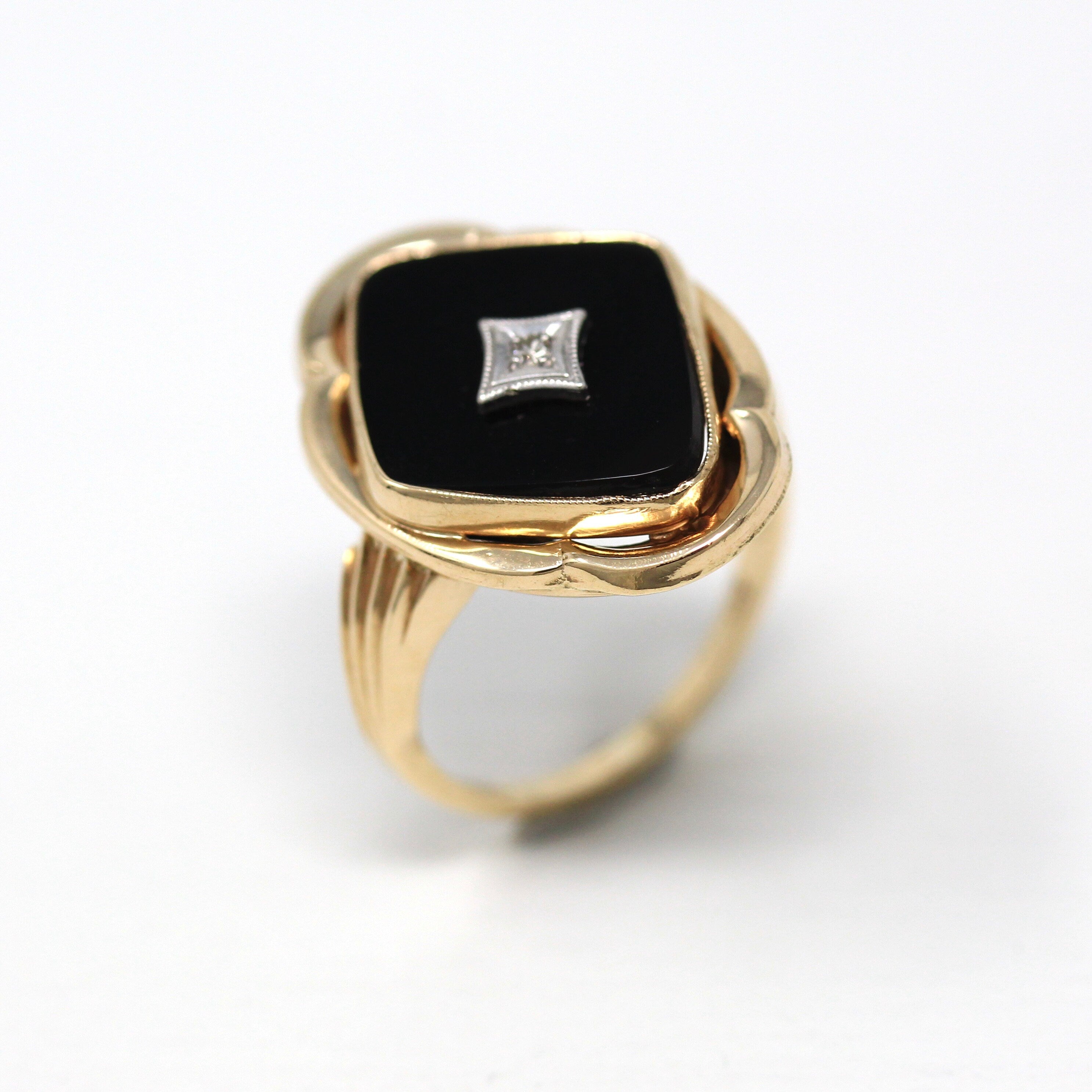 Vintage Onyx Ring - Retro 10k Yellow Gold Fancy Cut Genuine Black Gemstone - Circa 1940s Era Size 5 Statement Diamond Fine Esemco Jewelry