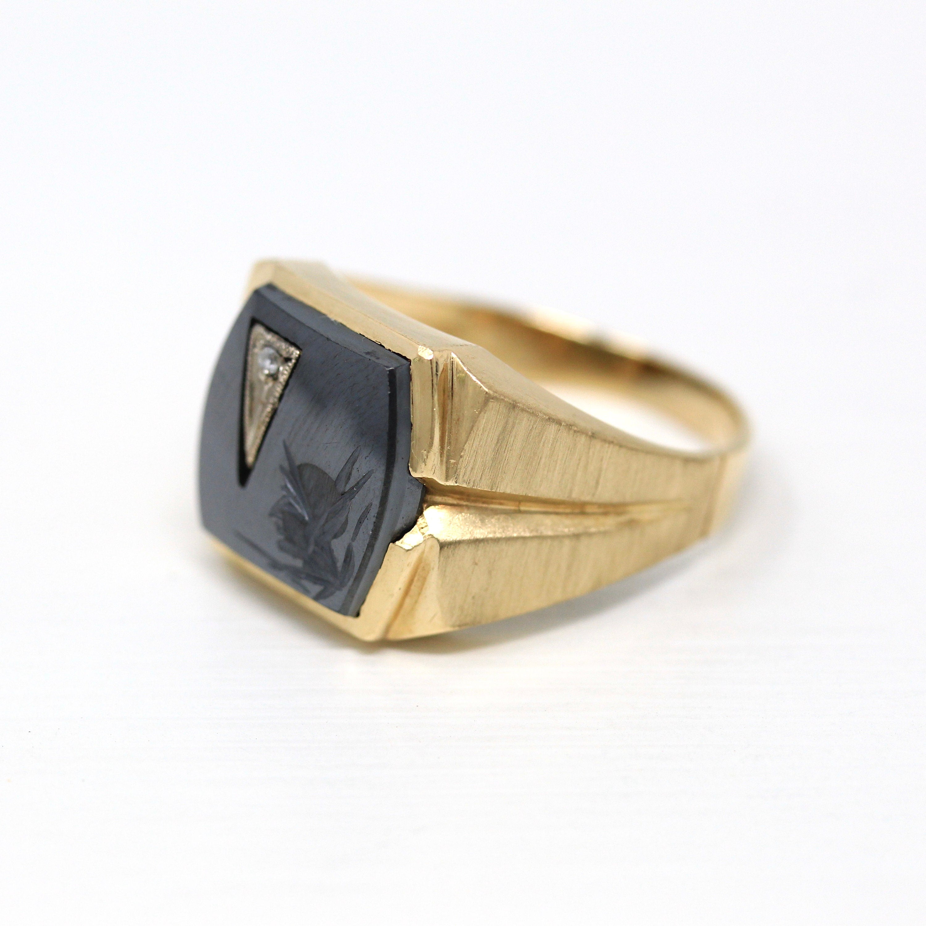 Vintage Hematite Ring - Retro 14k Yellow Gold Intaglio Carved Gray Roman Gem Warrior - Circa 1960s Era Size 10 1/2 Statement Diamond Jewelry