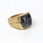 Vintage Hematite Ring - Retro 14k Yellow Gold Intaglio Carved Gray Roman Gem Warrior - Circa 1960s Era Size 10 1/2 Statement Diamond Jewelry