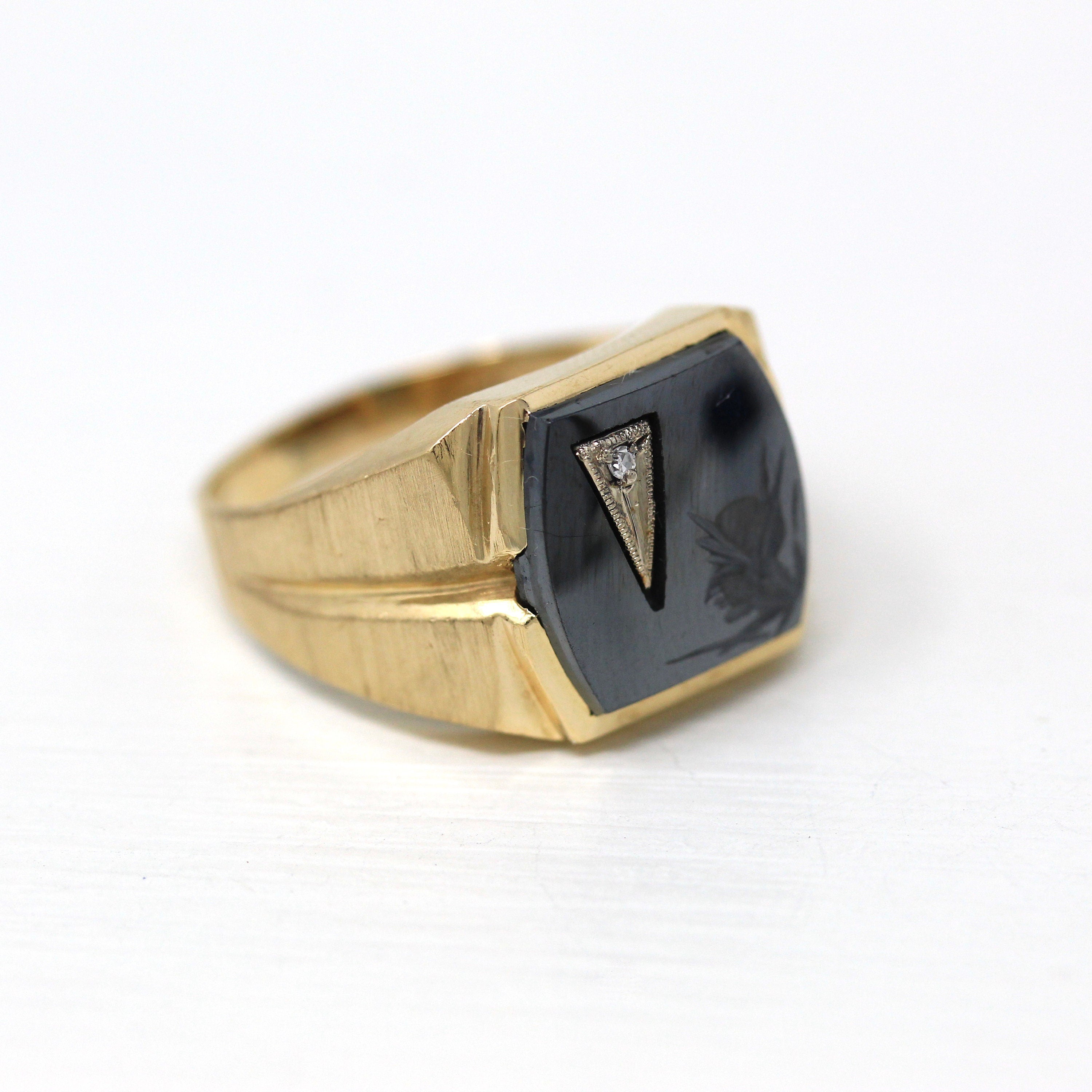 Vintage Hematite Ring - Retro 14k Yellow Gold Intaglio Carved Gray Roman Gem Warrior - Circa 1960s Era Size 10 1/2 Statement Diamond Jewelry