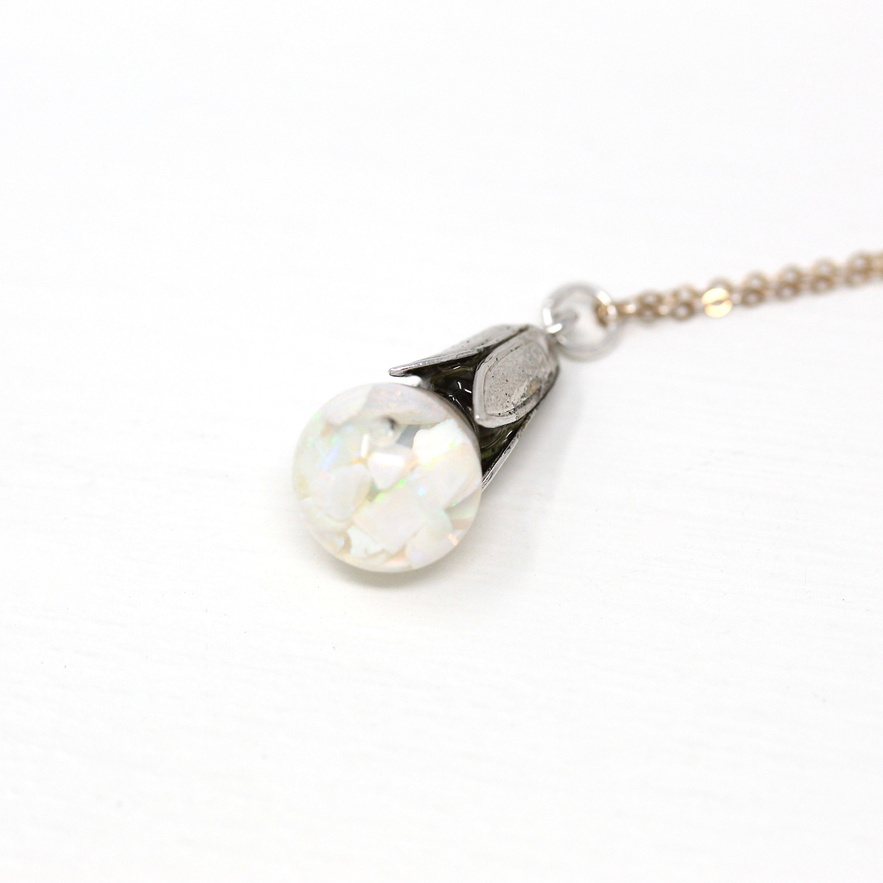 Floating Opal Necklace - Retro Sterling Silver Tulip Cap Genuine Gems Chips Sphere Orb - Vintage 1940s Era Liquid Teardrop Pendant Jewelry