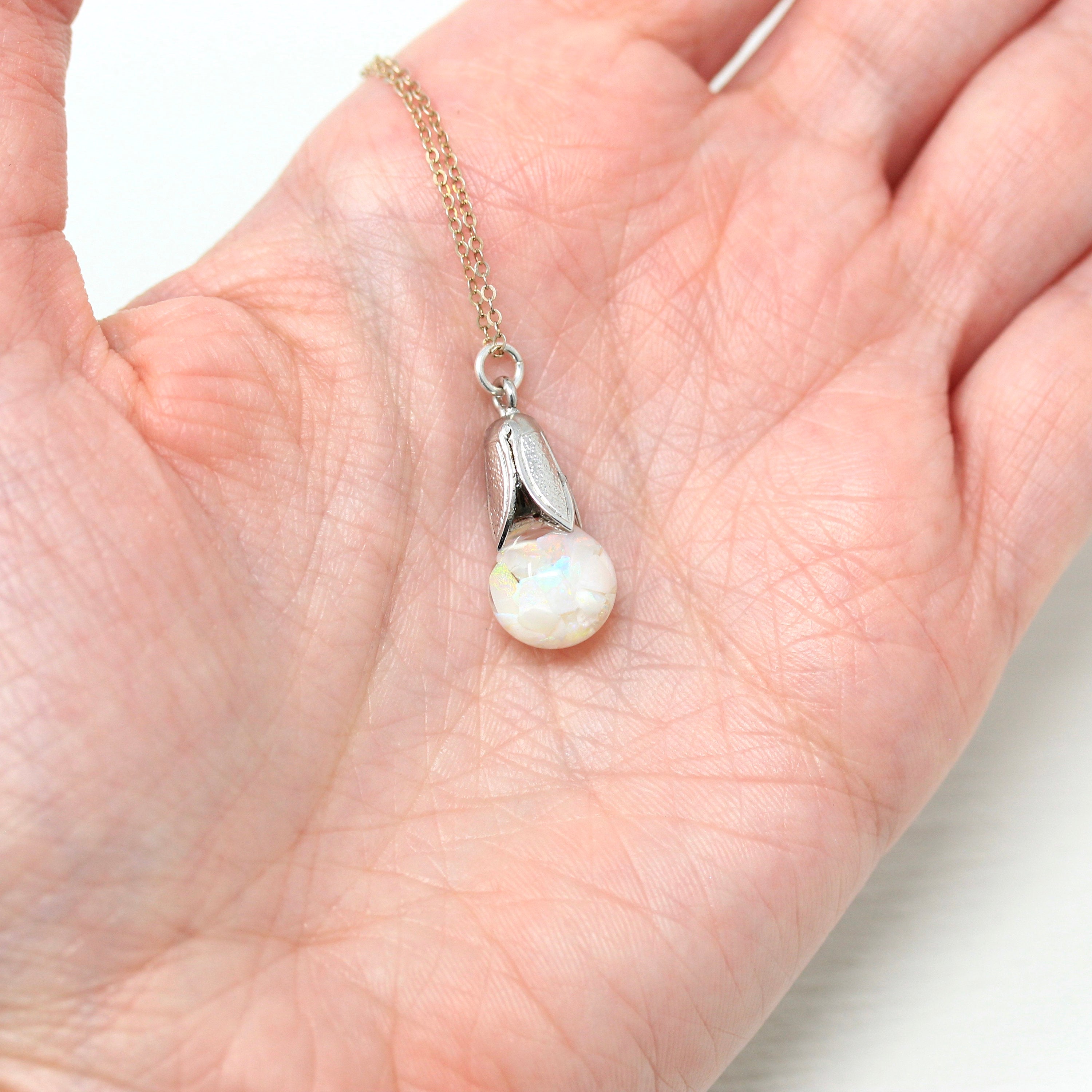 Floating Opal Necklace - Retro Sterling Silver Tulip Cap Genuine Gems Chips Sphere Orb - Vintage 1940s Era Liquid Teardrop Pendant Jewelry