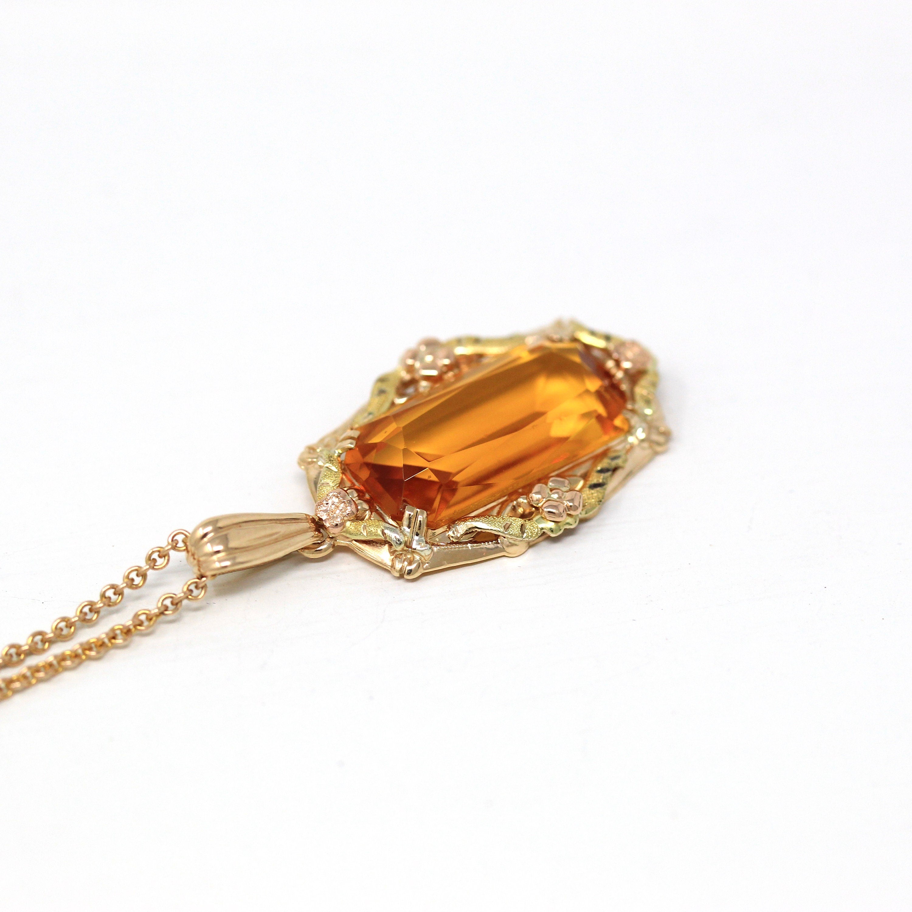 Simulated Citrine Necklace - Retro 10k Yellow Gold Rectangular Faceted Orange Glass Pendant - Vintage Circa 1940s Fine BDA Flower Jewelry