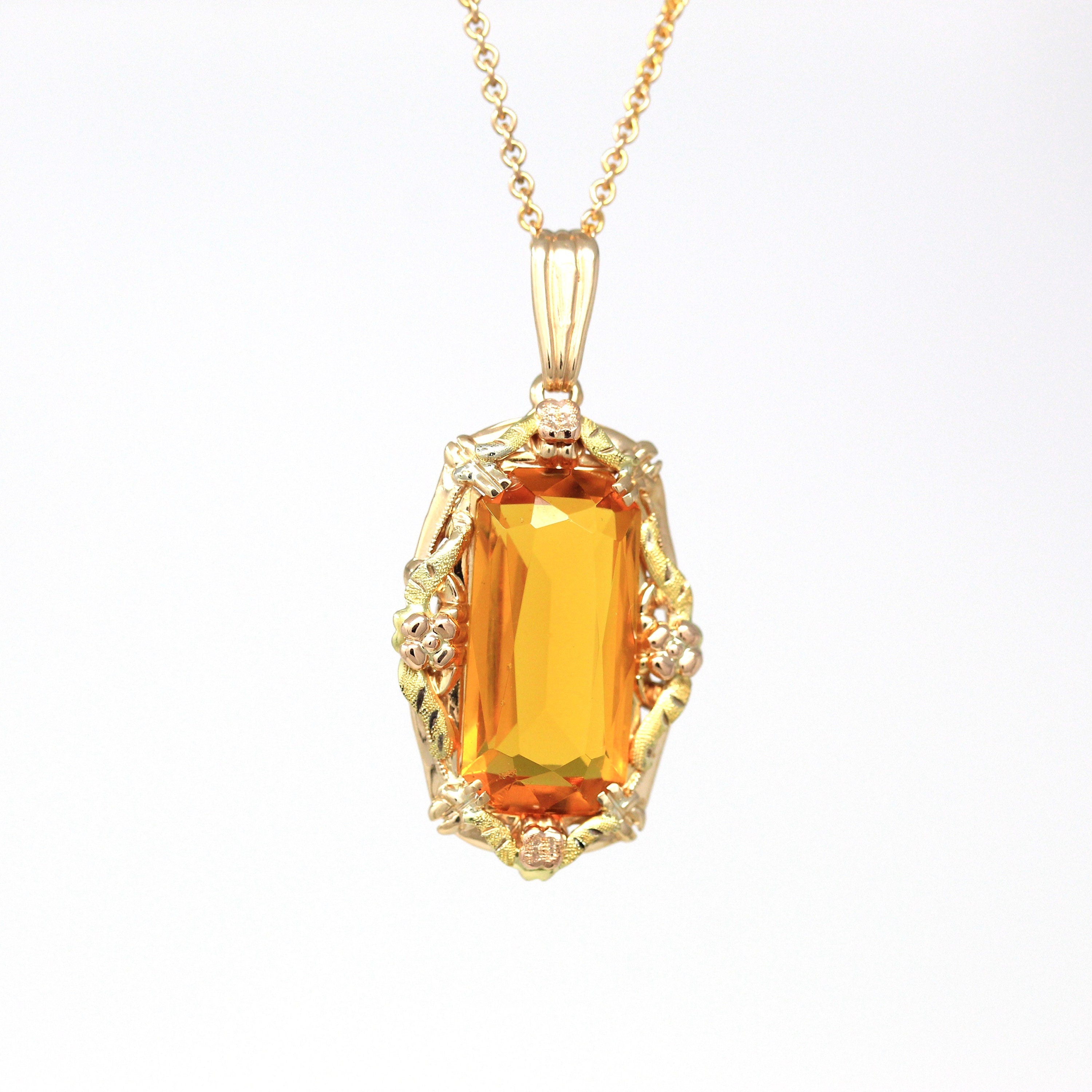 Simulated Citrine Necklace - Retro 10k Yellow Gold Rectangular Faceted Orange Glass Pendant - Vintage Circa 1940s Fine BDA Flower Jewelry