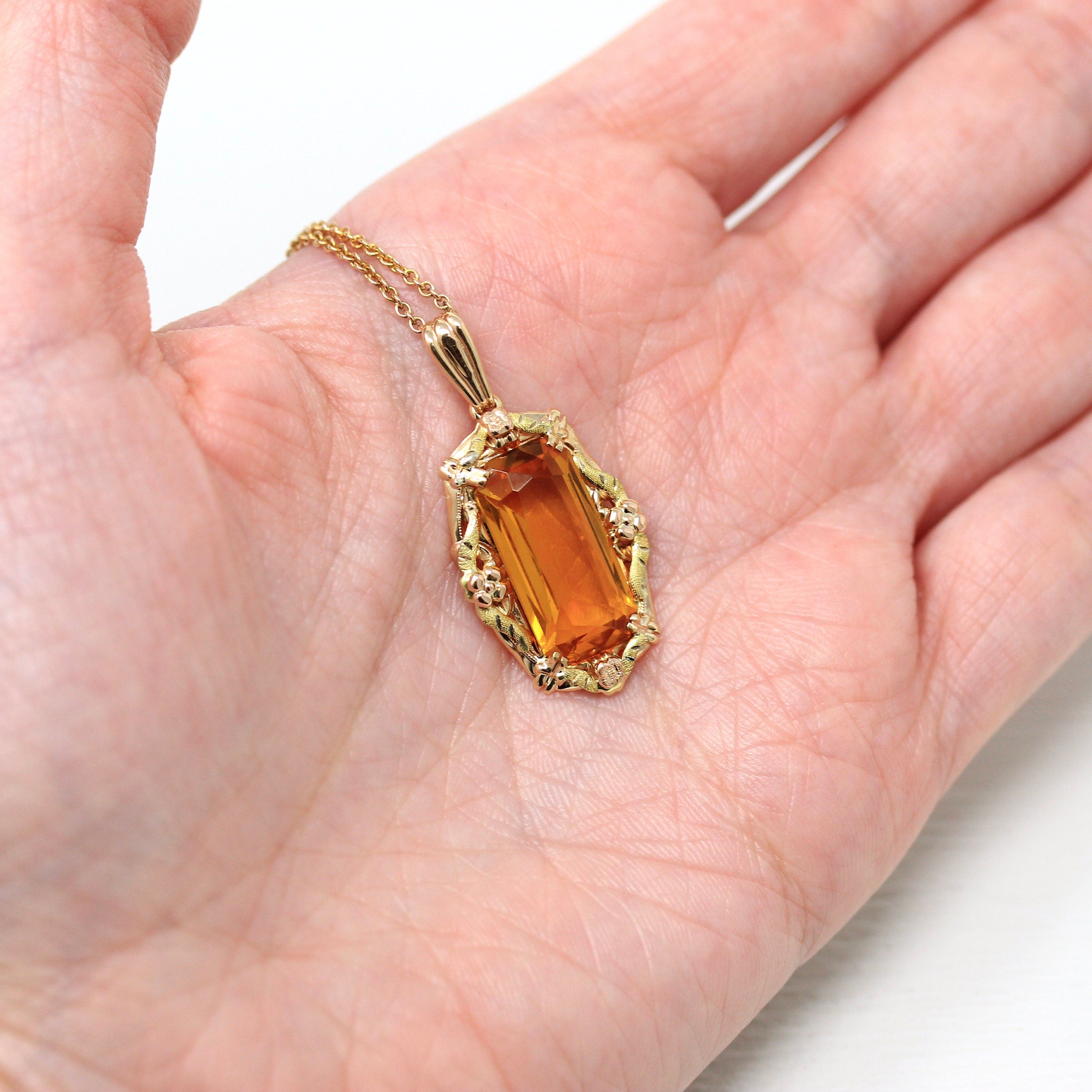 Simulated Citrine Necklace - Retro 10k Yellow Gold Rectangular Faceted Orange Glass Pendant - Vintage Circa 1940s Fine BDA Flower Jewelry