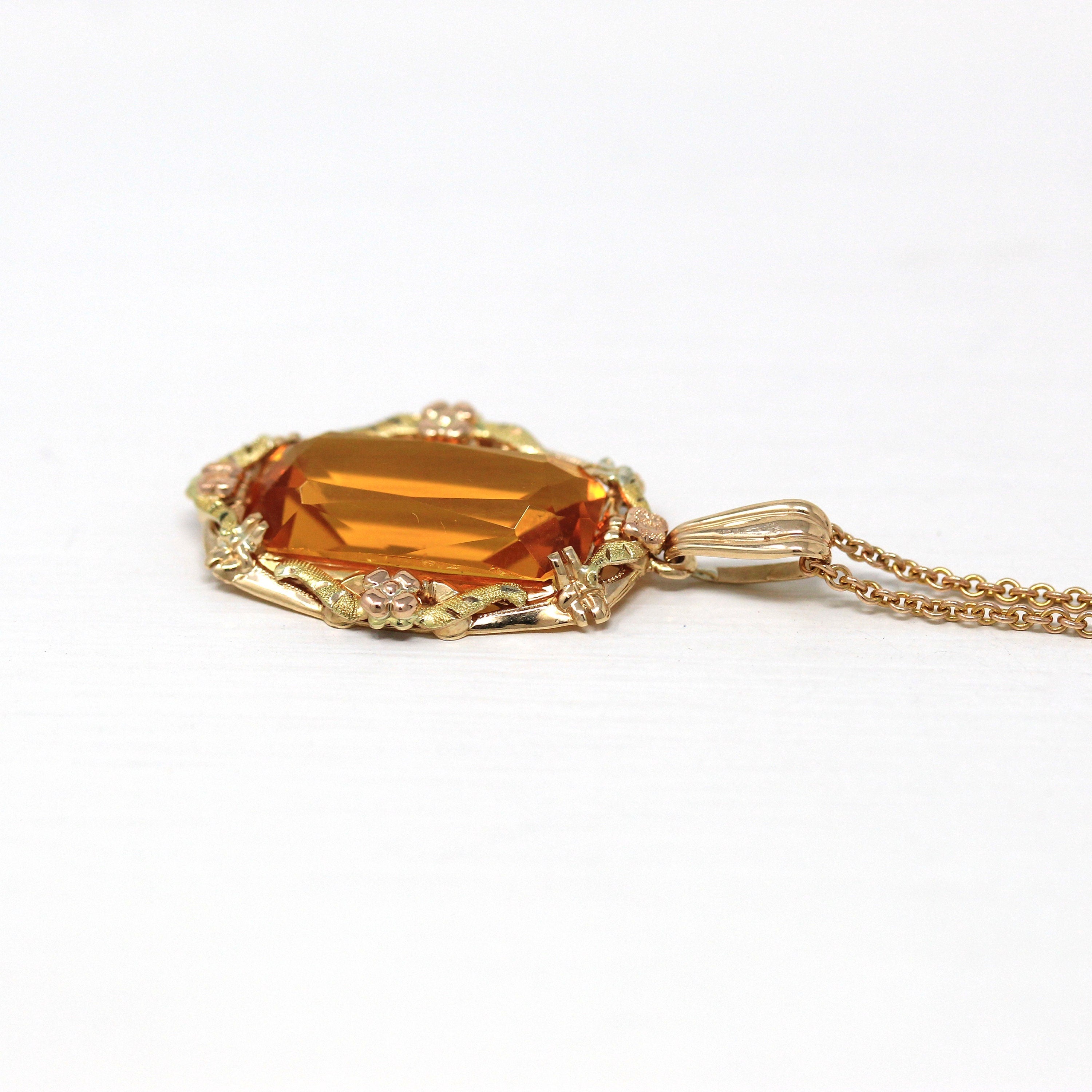 Simulated Citrine Necklace - Retro 10k Yellow Gold Rectangular Faceted Orange Glass Pendant - Vintage Circa 1940s Fine BDA Flower Jewelry