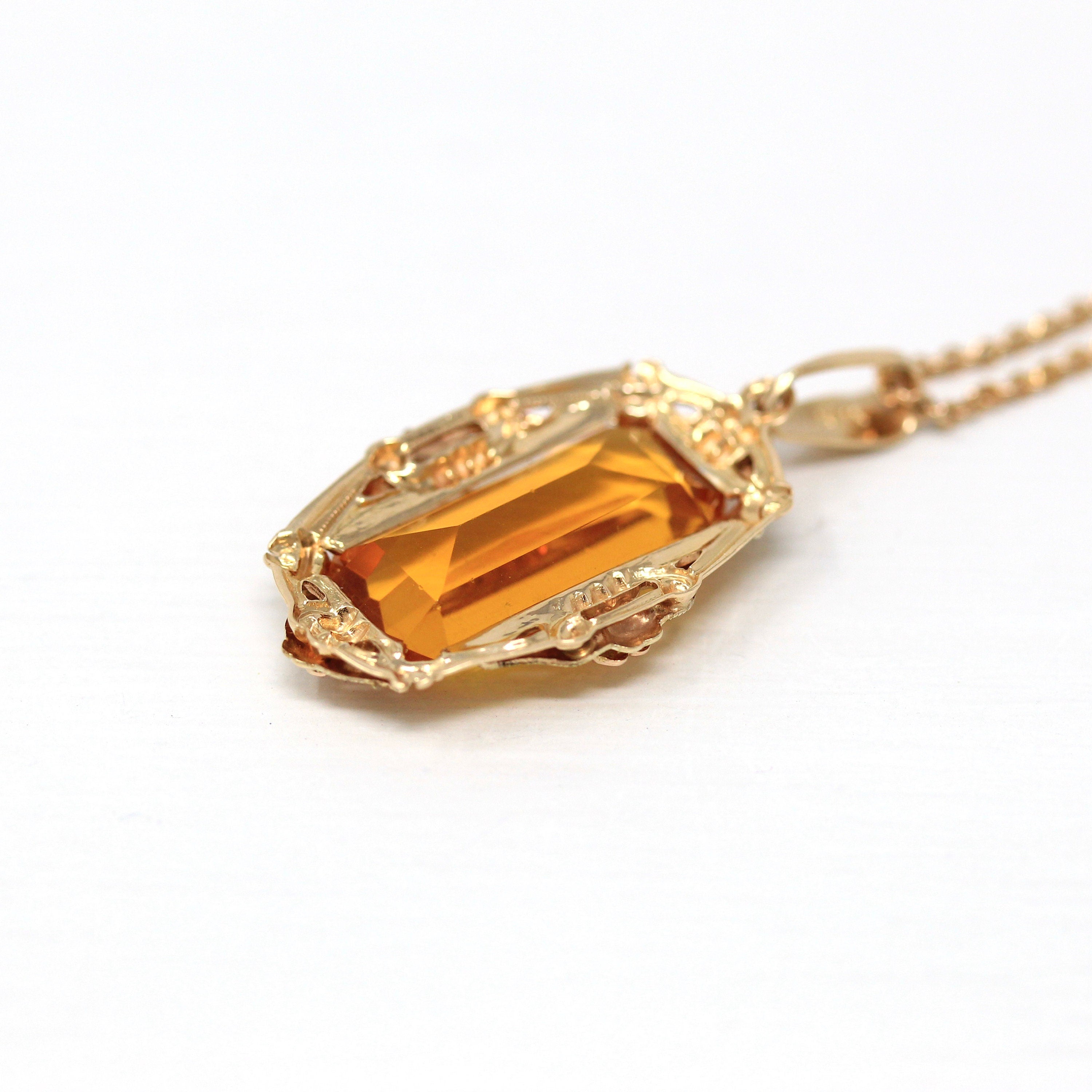 Simulated Citrine Necklace - Retro 10k Yellow Gold Rectangular Faceted Orange Glass Pendant - Vintage Circa 1940s Fine BDA Flower Jewelry