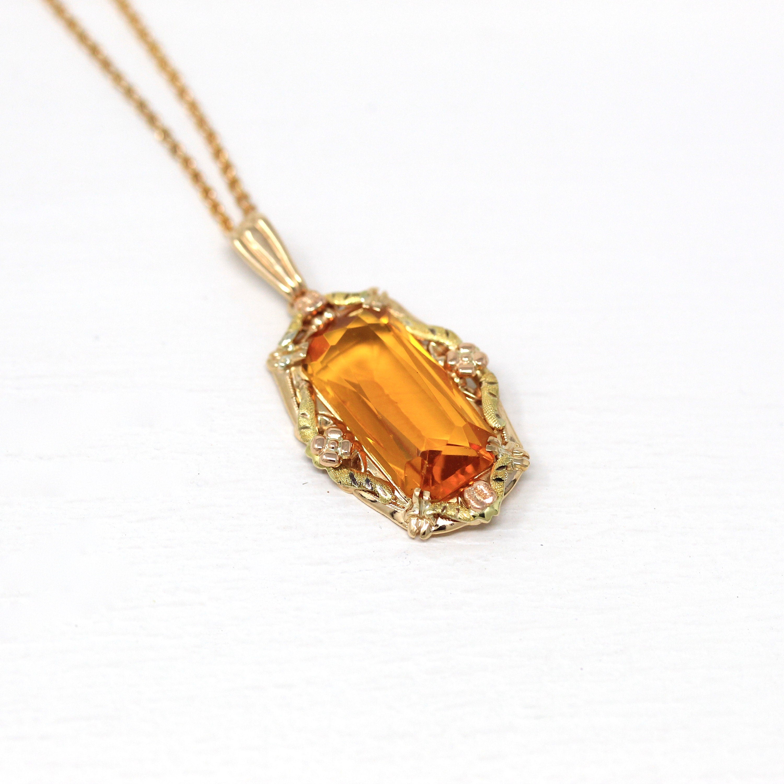 Simulated Citrine Necklace - Retro 10k Yellow Gold Rectangular Faceted Orange Glass Pendant - Vintage Circa 1940s Fine BDA Flower Jewelry