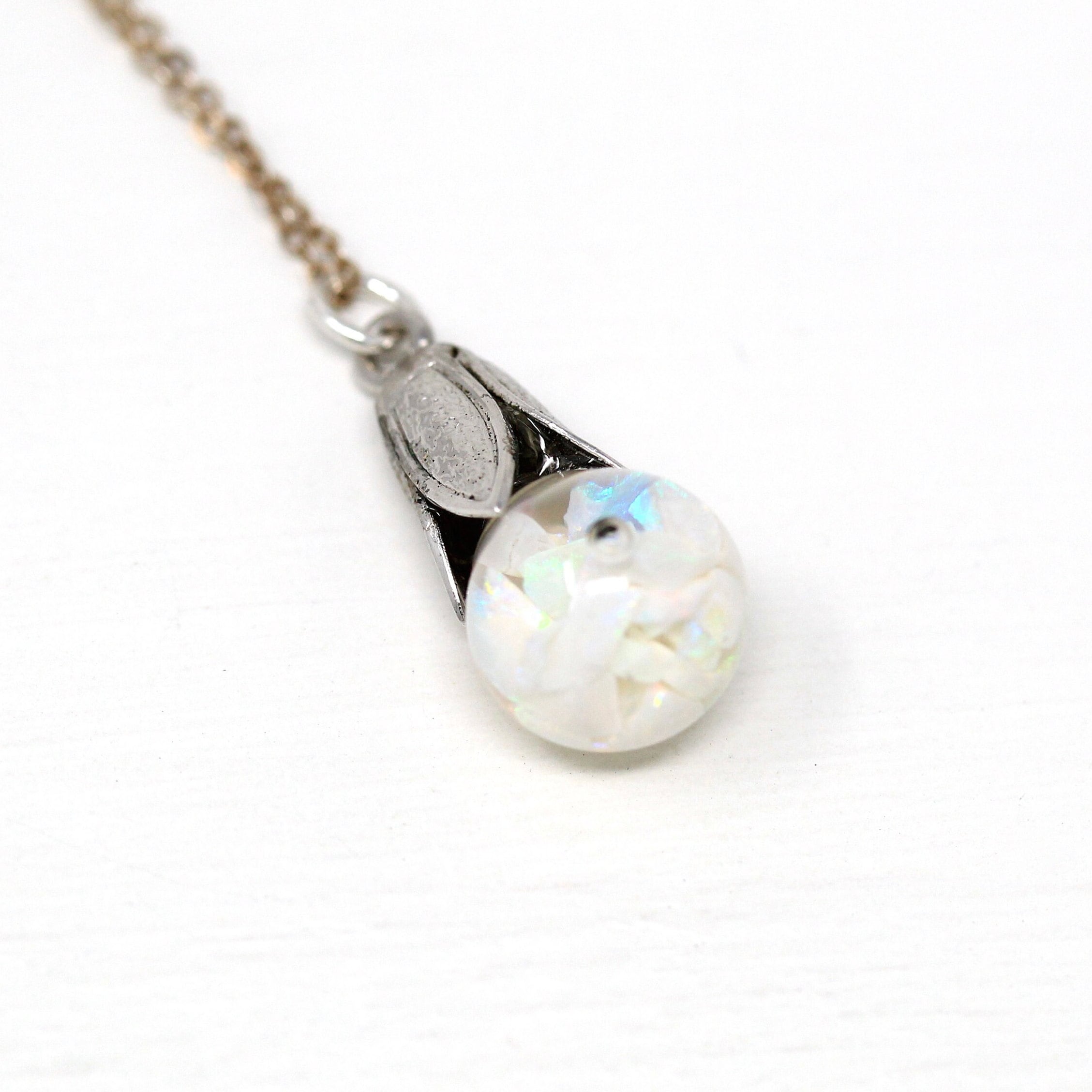 Floating Opal Necklace - Retro Sterling Silver Tulip Cap Genuine Gems Chips Sphere Orb - Vintage 1940s Era Liquid Teardrop Pendant Jewelry