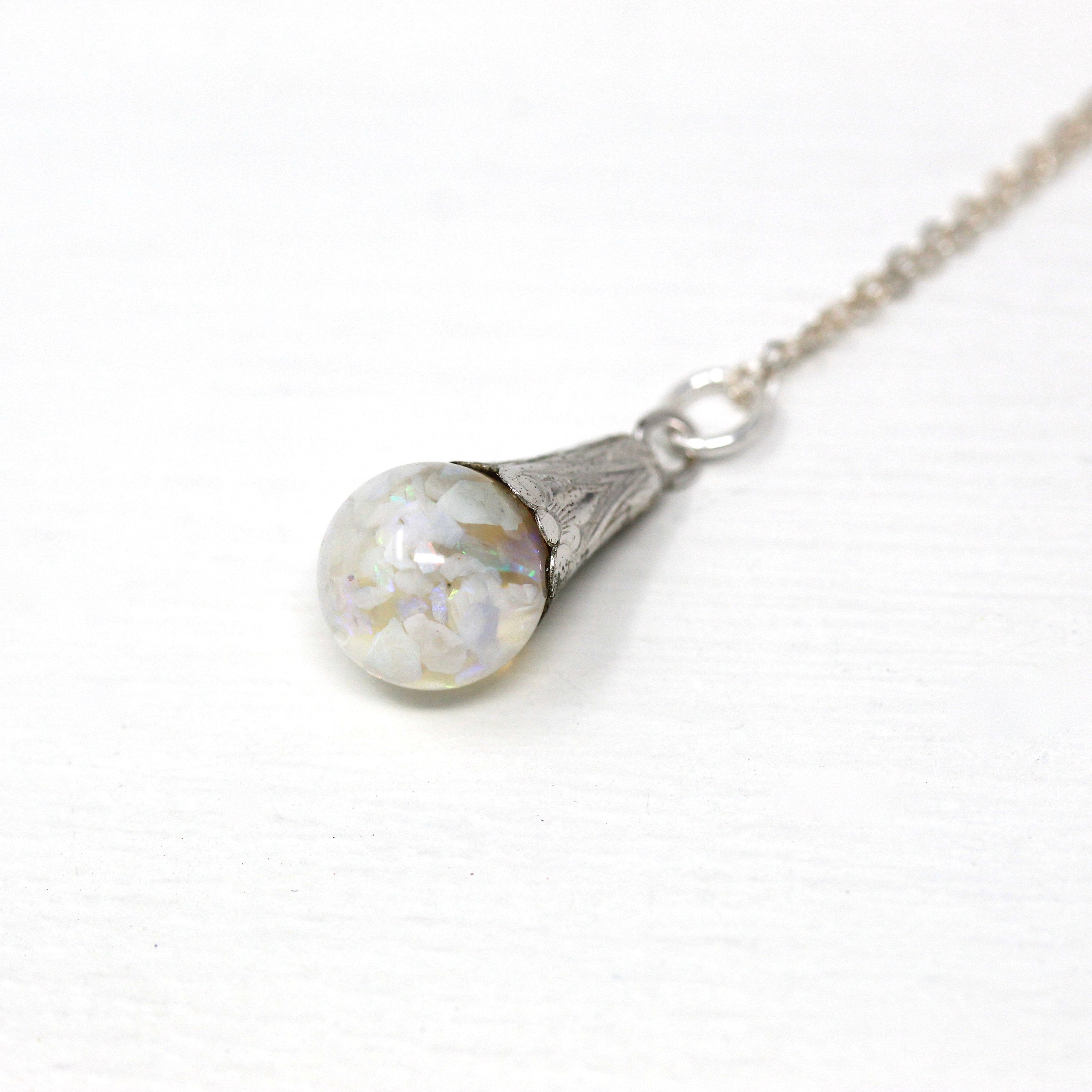 Floating Opal Necklace - Retro Sterling Silver Tulip Cap Genuine Gems Chips Sphere Orb - Vintage 1940s Era Liquid Teardrop Pendant Jewelry