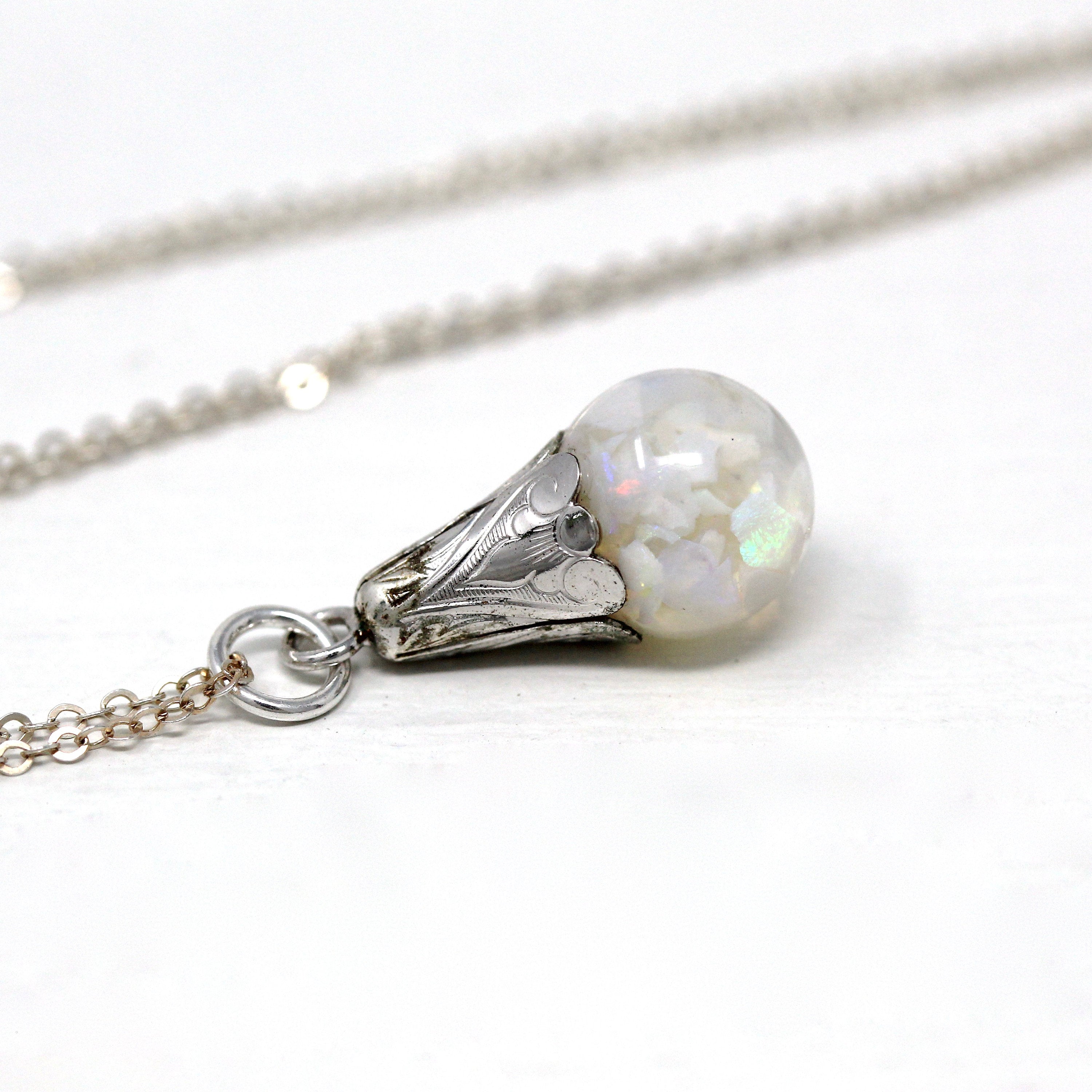 Floating Opal Necklace - Retro Sterling Silver Tulip Cap Genuine Gems Chips Sphere Orb - Vintage 1940s Era Liquid Teardrop Pendant Jewelry