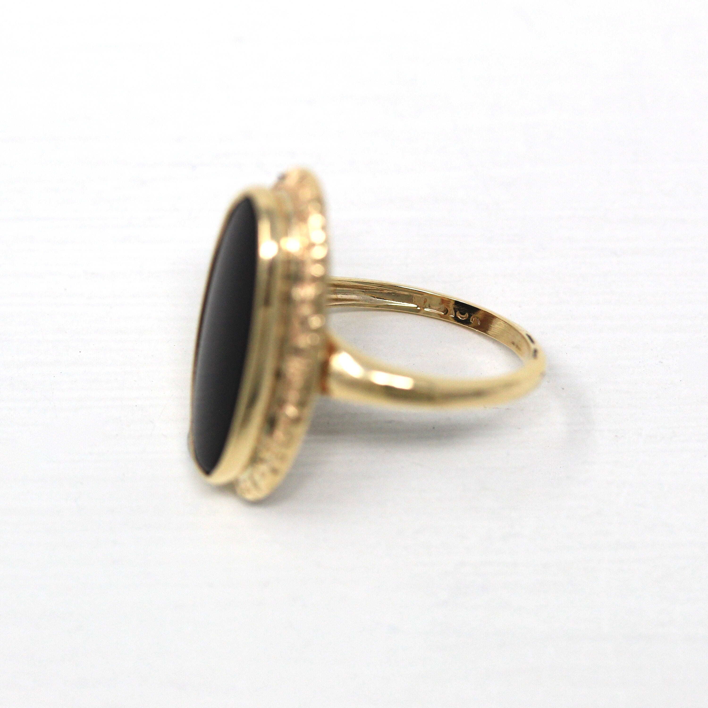 Vintage Onyx Ring - Retro 10k Yellow Gold Oval Genuine Black Gemstone Statement - Circa 1960s Era Size 2 1/4 Navette Pinky Midi Fine Jewelry