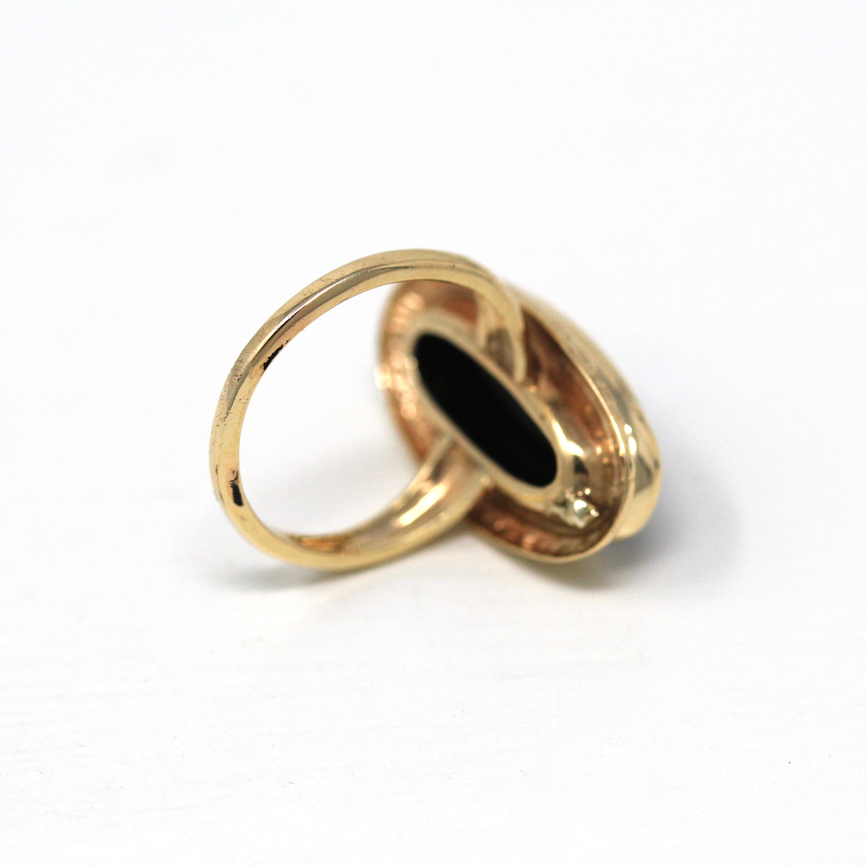 Vintage Onyx Ring - Retro 10k Yellow Gold Oval Genuine Black Gemstone Statement - Circa 1960s Era Size 2 1/4 Navette Pinky Midi Fine Jewelry