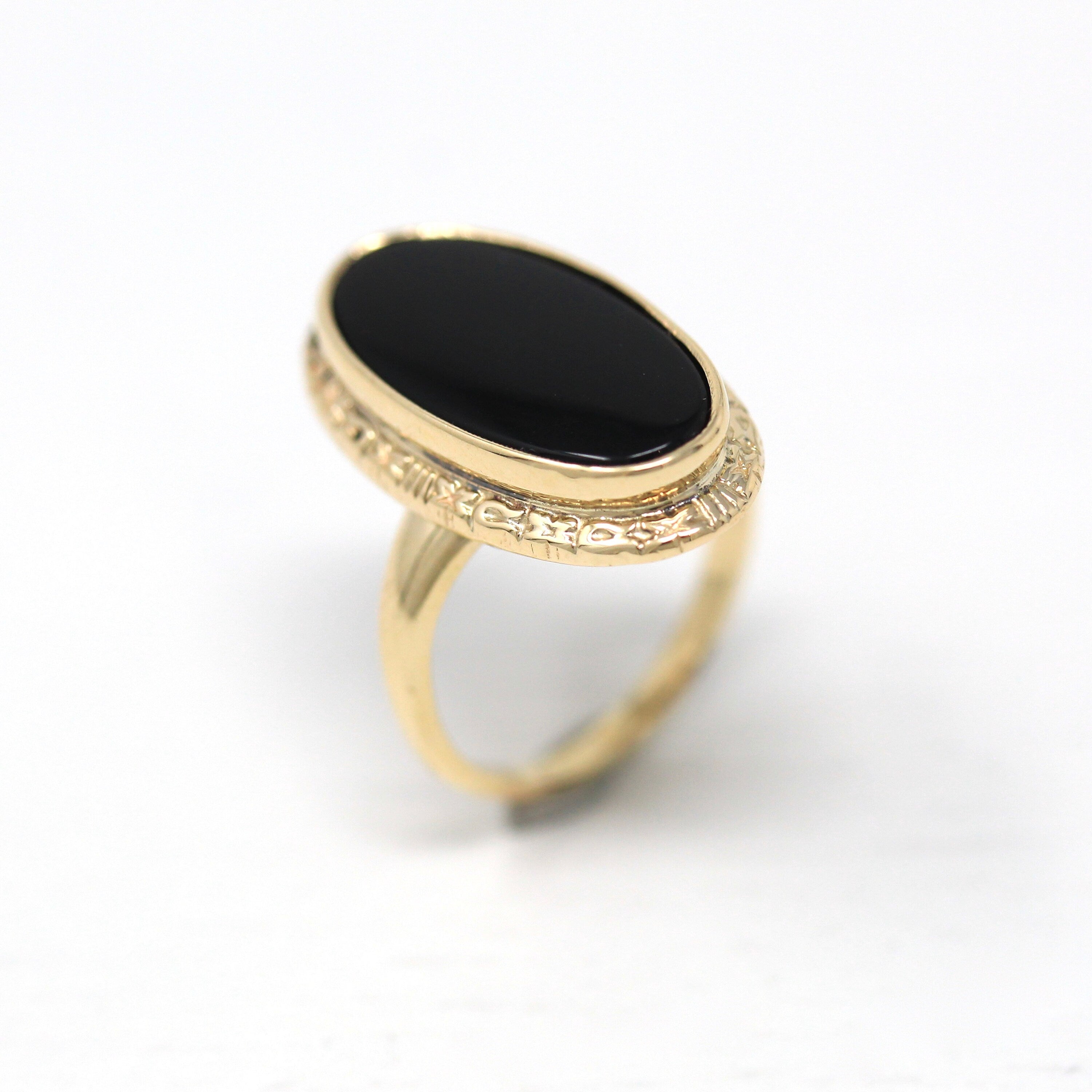 Vintage Onyx Ring - Retro 10k Yellow Gold Oval Genuine Black Gemstone Statement - Circa 1960s Era Size 2 1/4 Navette Pinky Midi Fine Jewelry