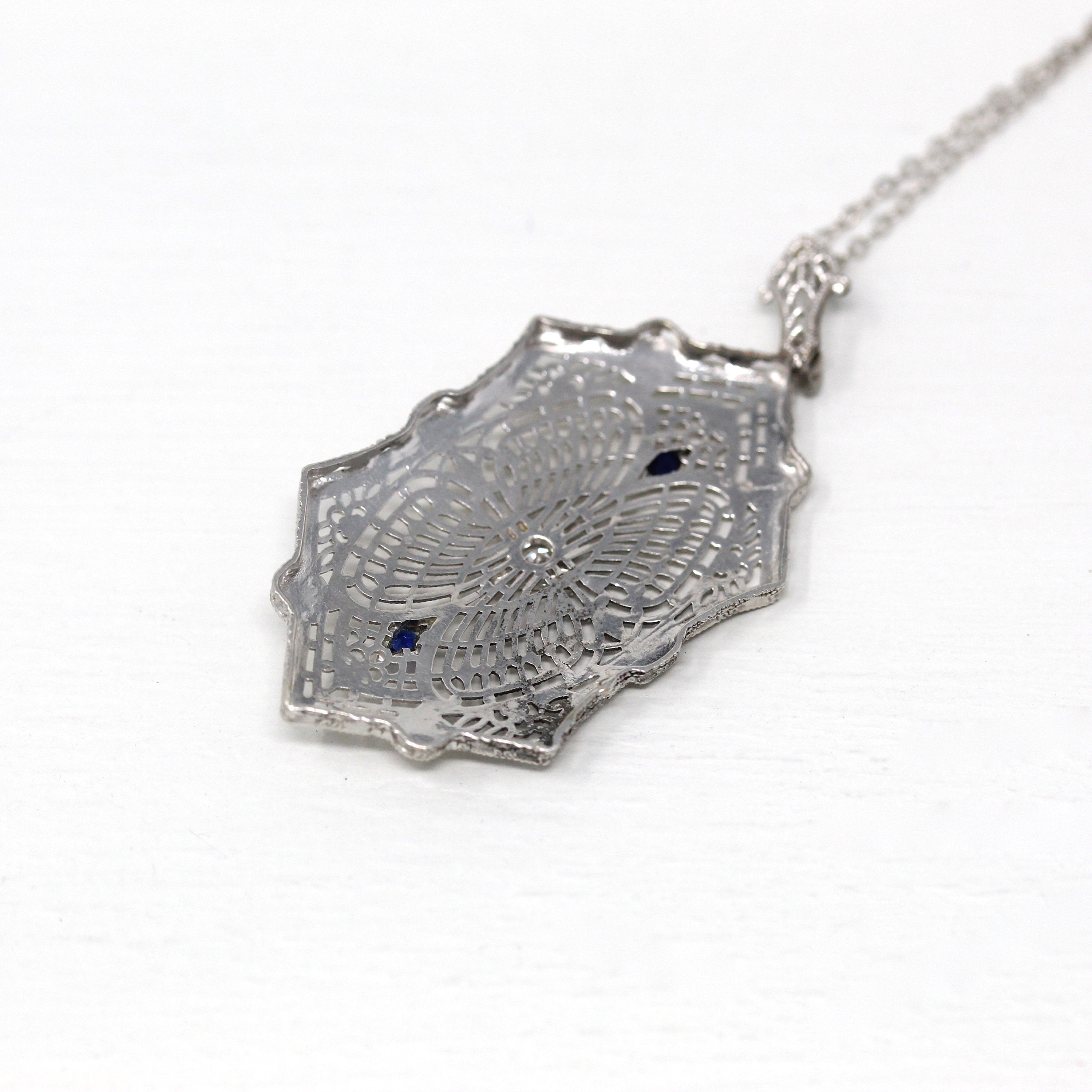 Art Deco Necklace - Vintage 14k White Gold Genuine Diamond & Sapphire Filigree Pendant Statement - 1930s Era Blue Gemstone Fine Jewelry