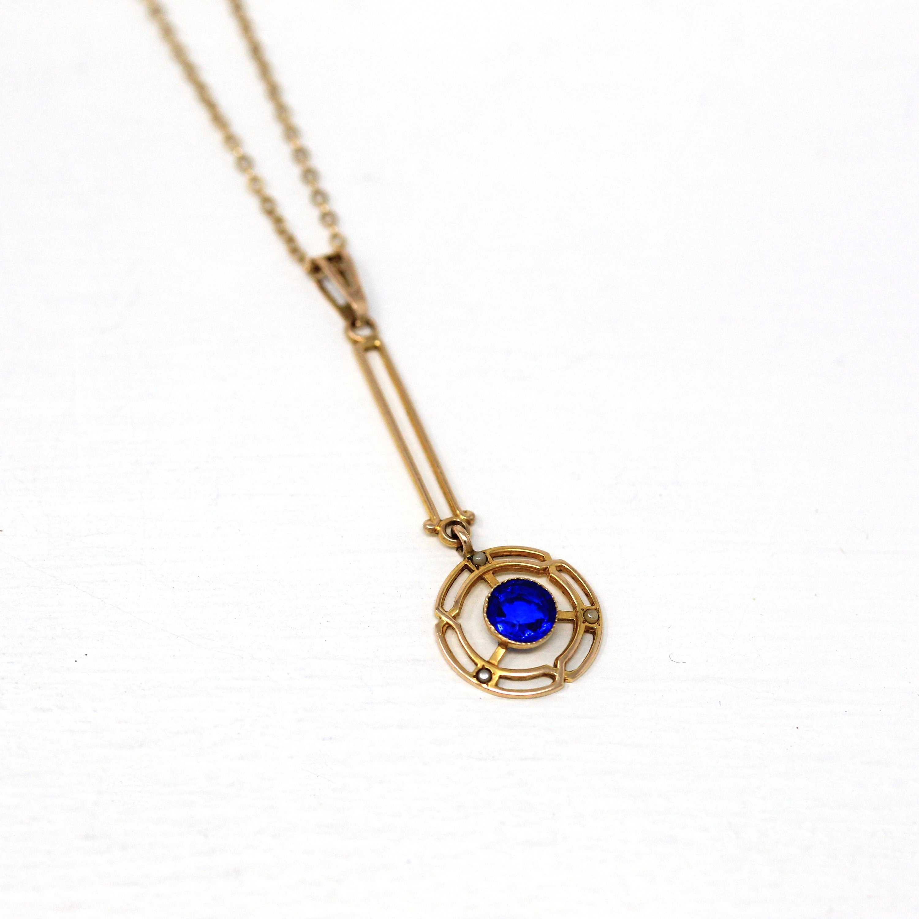 Antique Lavalier Necklace - Edwardian 10k Yellow Gold Simulated Blue Sapphire Pendant Charm - Vintage Circa 1910s Era Fine Pearl Jewelry