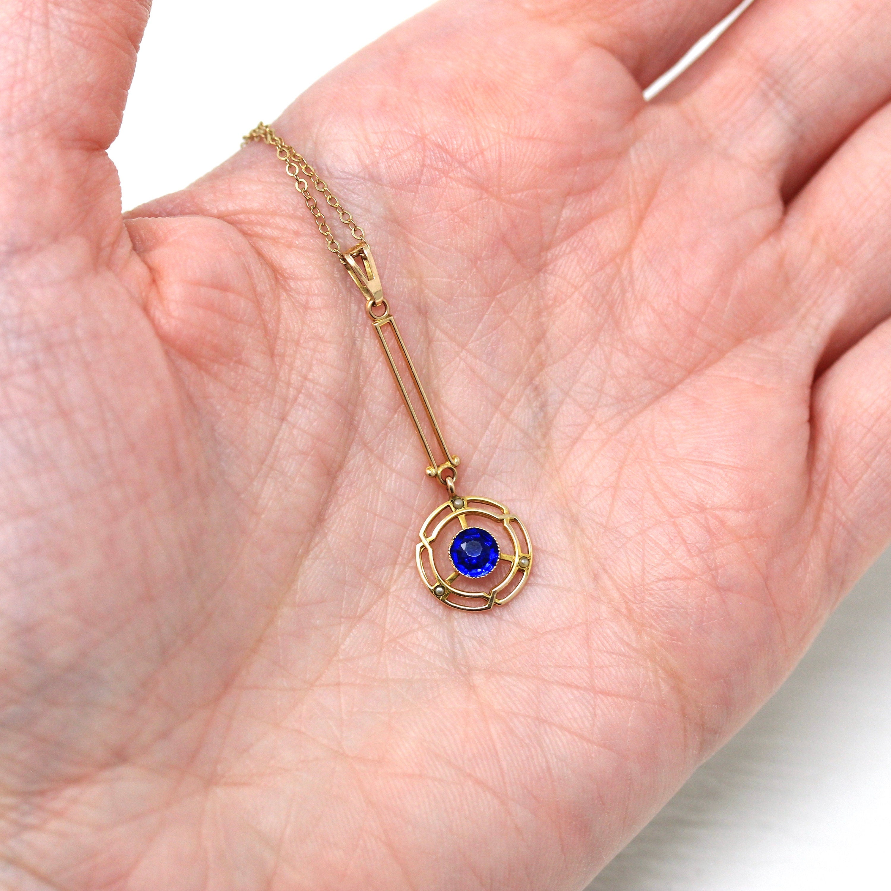 Antique Lavalier Necklace - Edwardian 10k Yellow Gold Simulated Blue Sapphire Pendant Charm - Vintage Circa 1910s Era Fine Pearl Jewelry