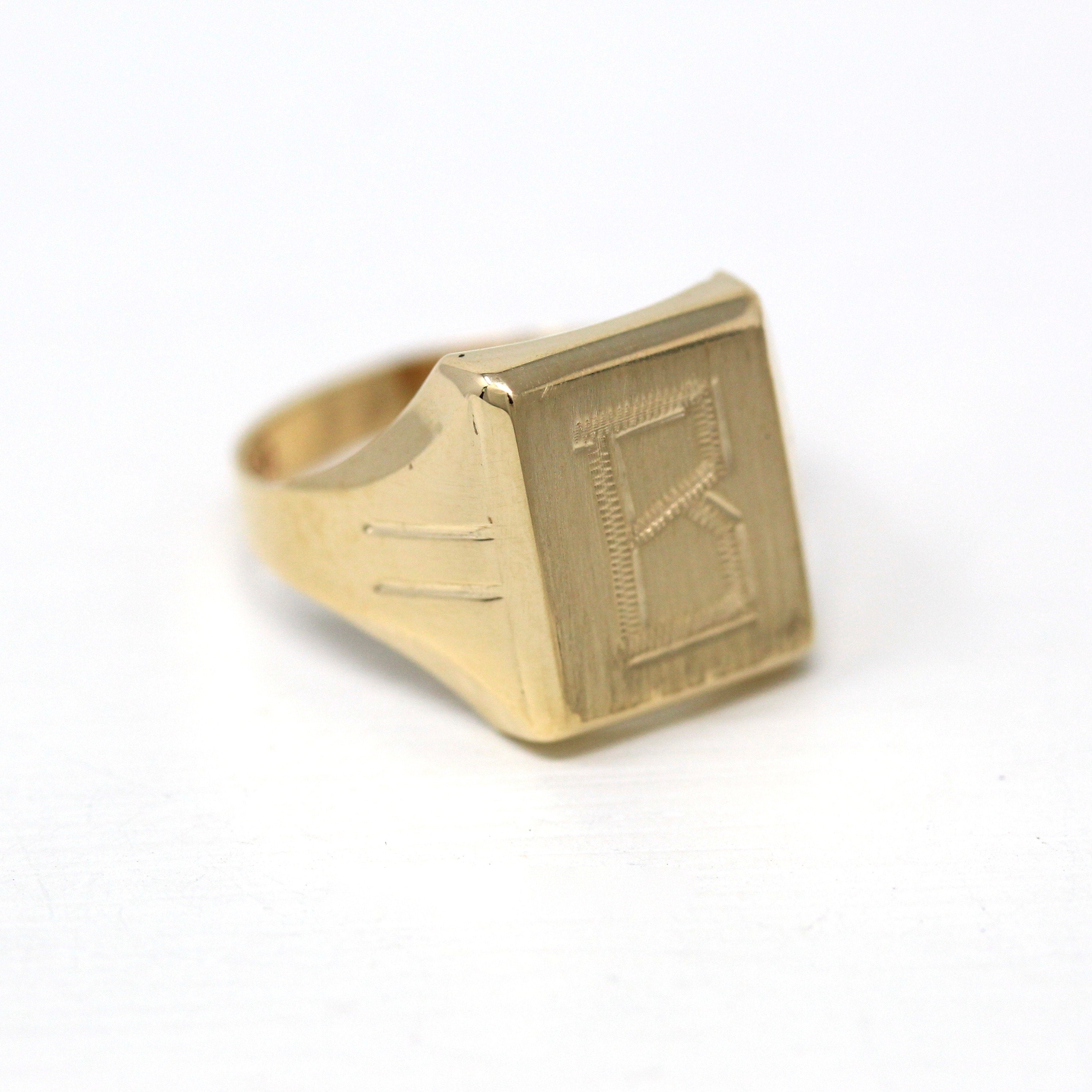 Letter "B" Ring - Vintage 10k Yellow Gold Engraved Single Initial Statement Signet - Retro Circa 1960s Size 7 3/4 Statement Dason Jewelry