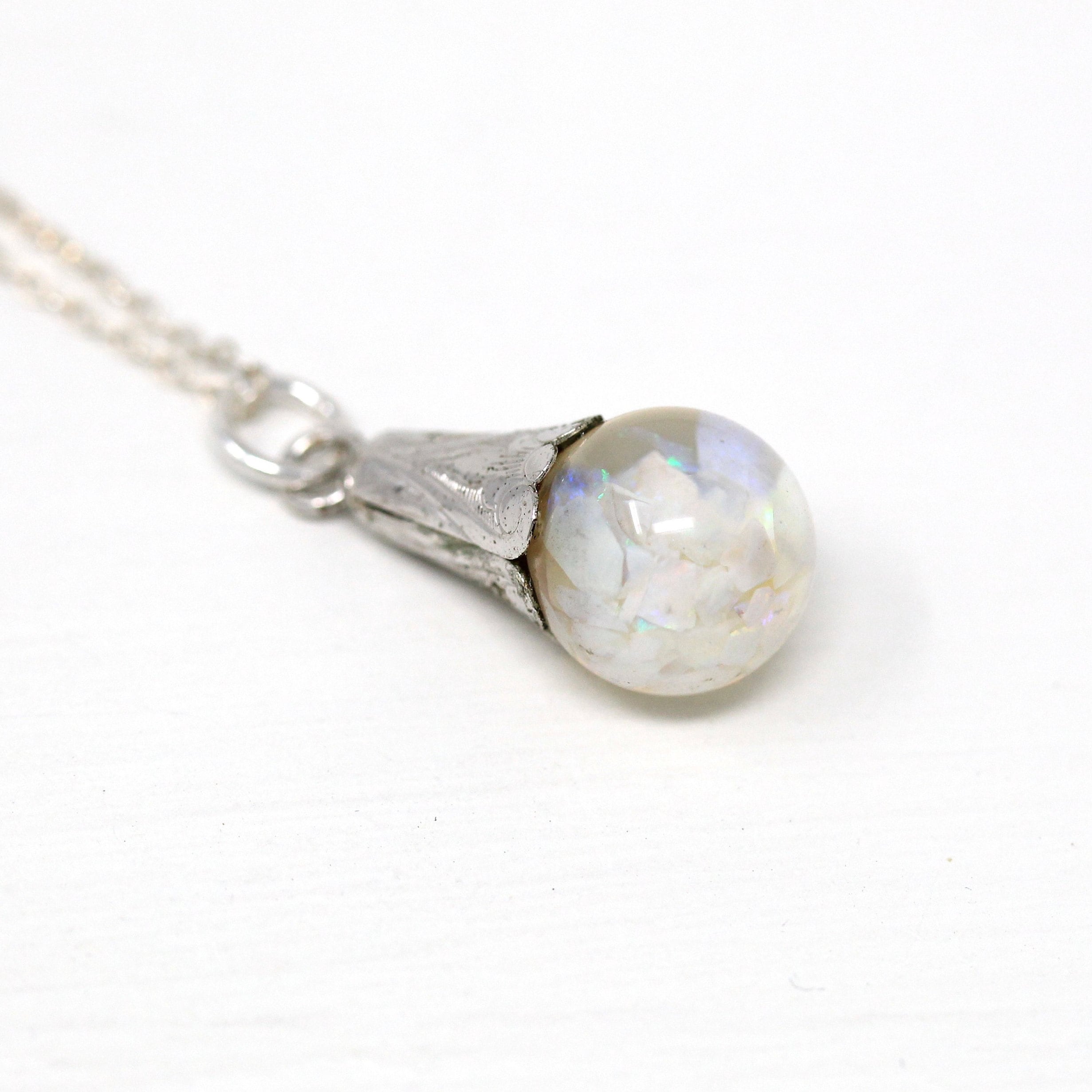 Floating Opal Necklace - Retro Sterling Silver Tulip Cap Genuine Gems Chips Sphere Orb - Vintage 1940s Era Liquid Teardrop Pendant Jewelry