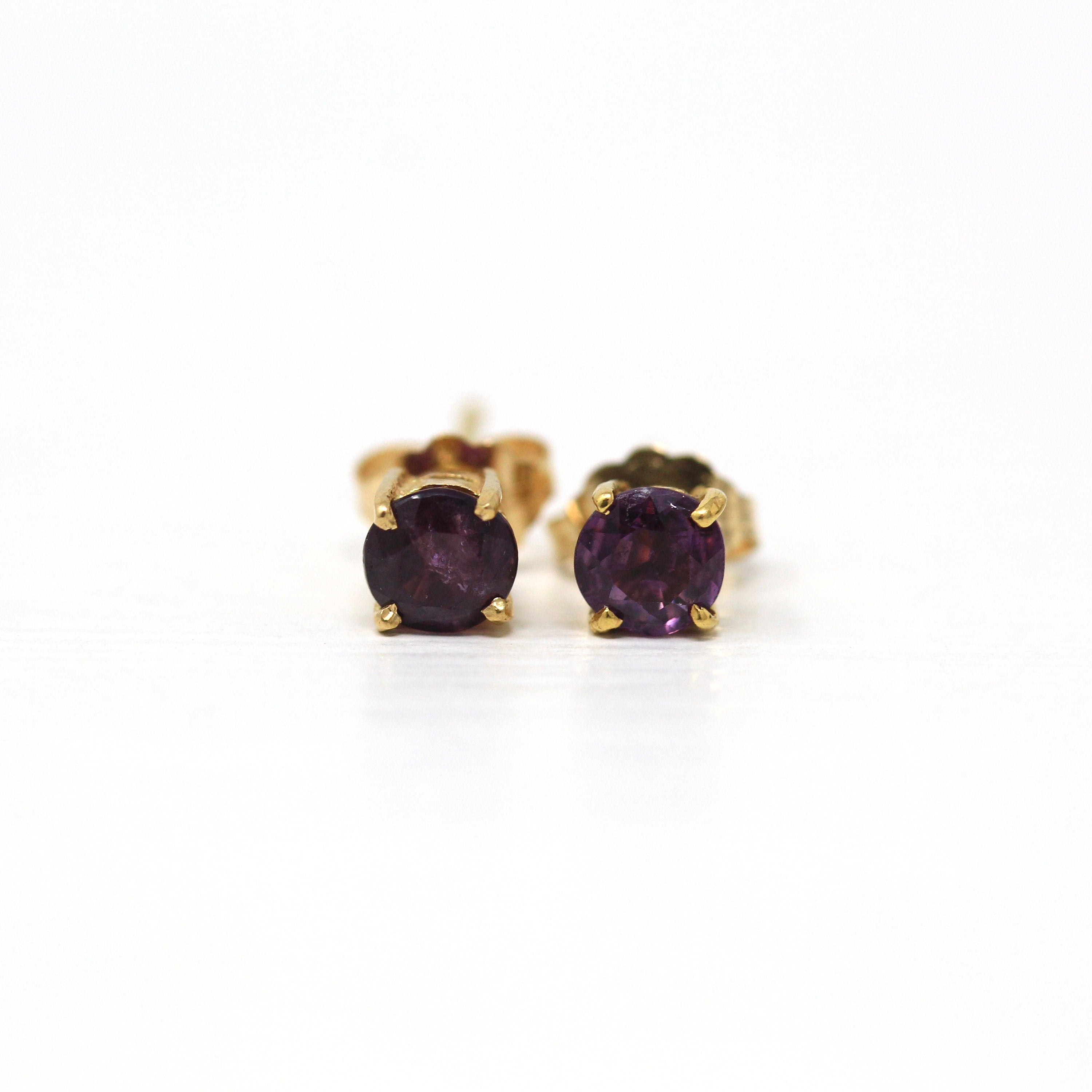 Purple Sapphire Earrings - Vintage 14k Yellow Gold Round Faceted Gemstones Push Back Studs - Estate Circa 1990s Era Pierced Fine 90s Jewelry