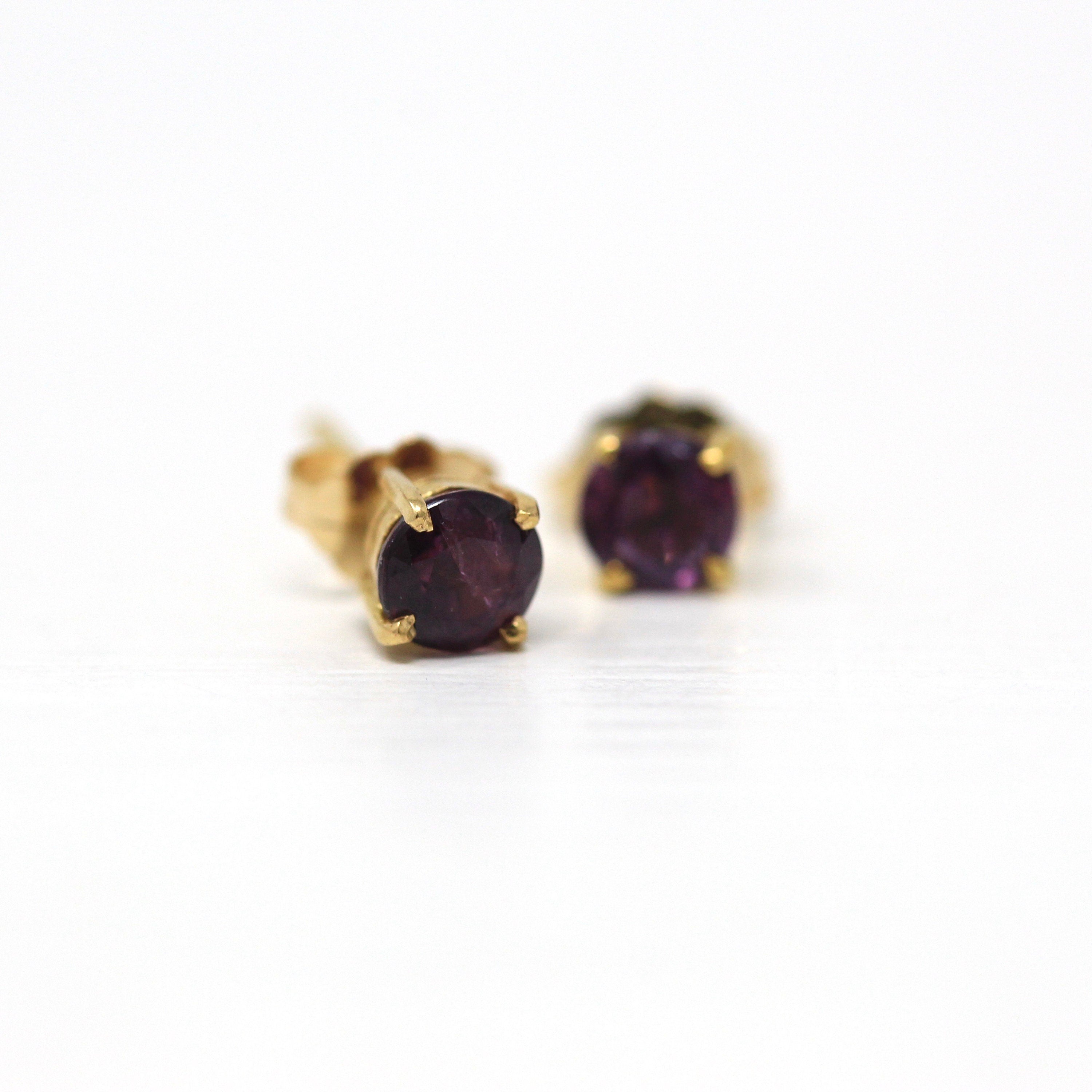 Purple Sapphire Earrings - Vintage 14k Yellow Gold Round Faceted Gemstones Push Back Studs - Estate Circa 1990s Era Pierced Fine 90s Jewelry