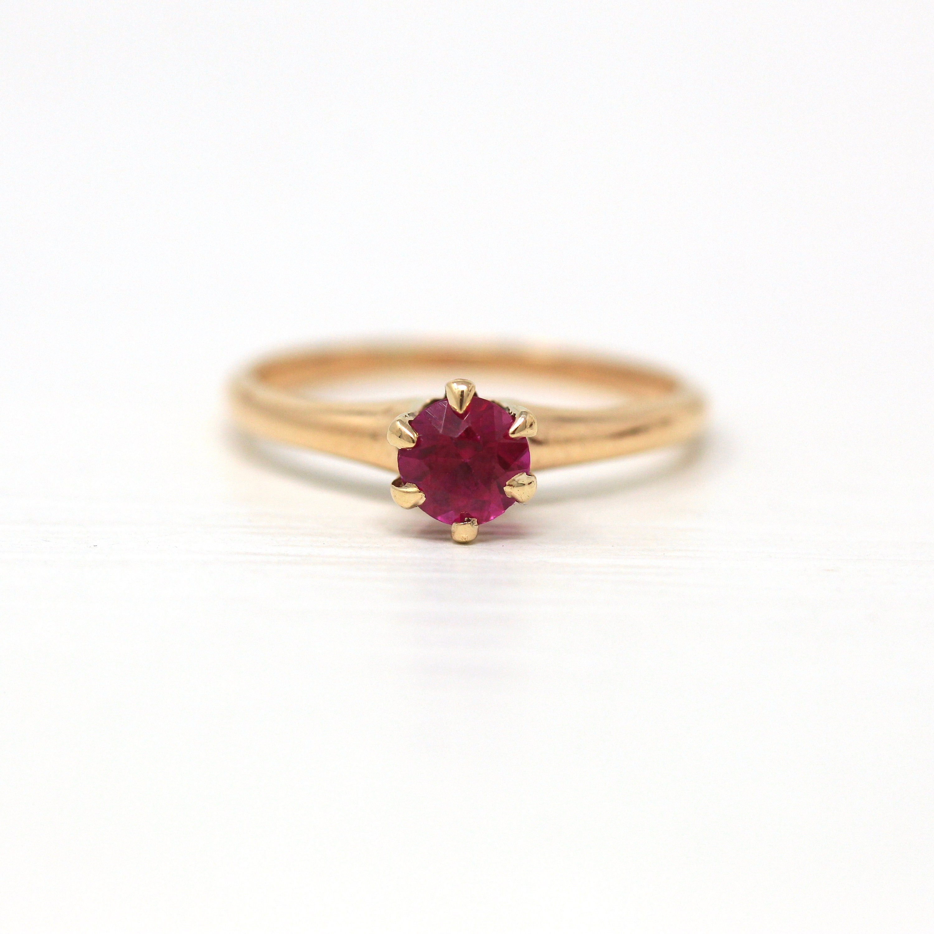 Created Ruby Ring - Retro 10k Yellow Gold Round Faceted 1.67 CT Red Pink Stone - Vintage Circa 1940s Era Size 5 3/4 Fine Solitaire Jewelry