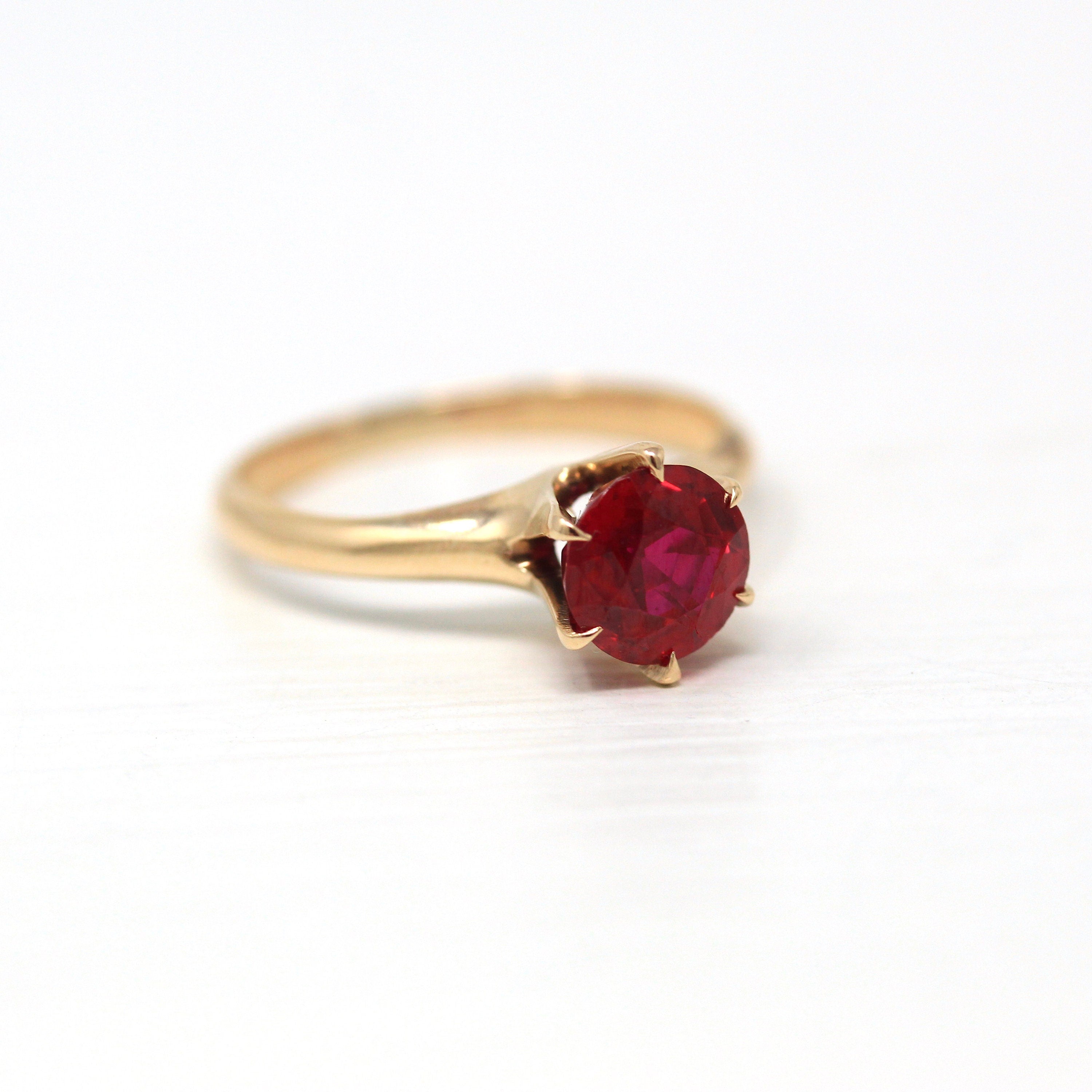 Created Ruby Ring - Retro 10k Yellow Gold Round Faceted .56 CT Red Pink Stone - Vintage Circa 1940s Era Size 5 Fine Solitaire 40s Jewelry