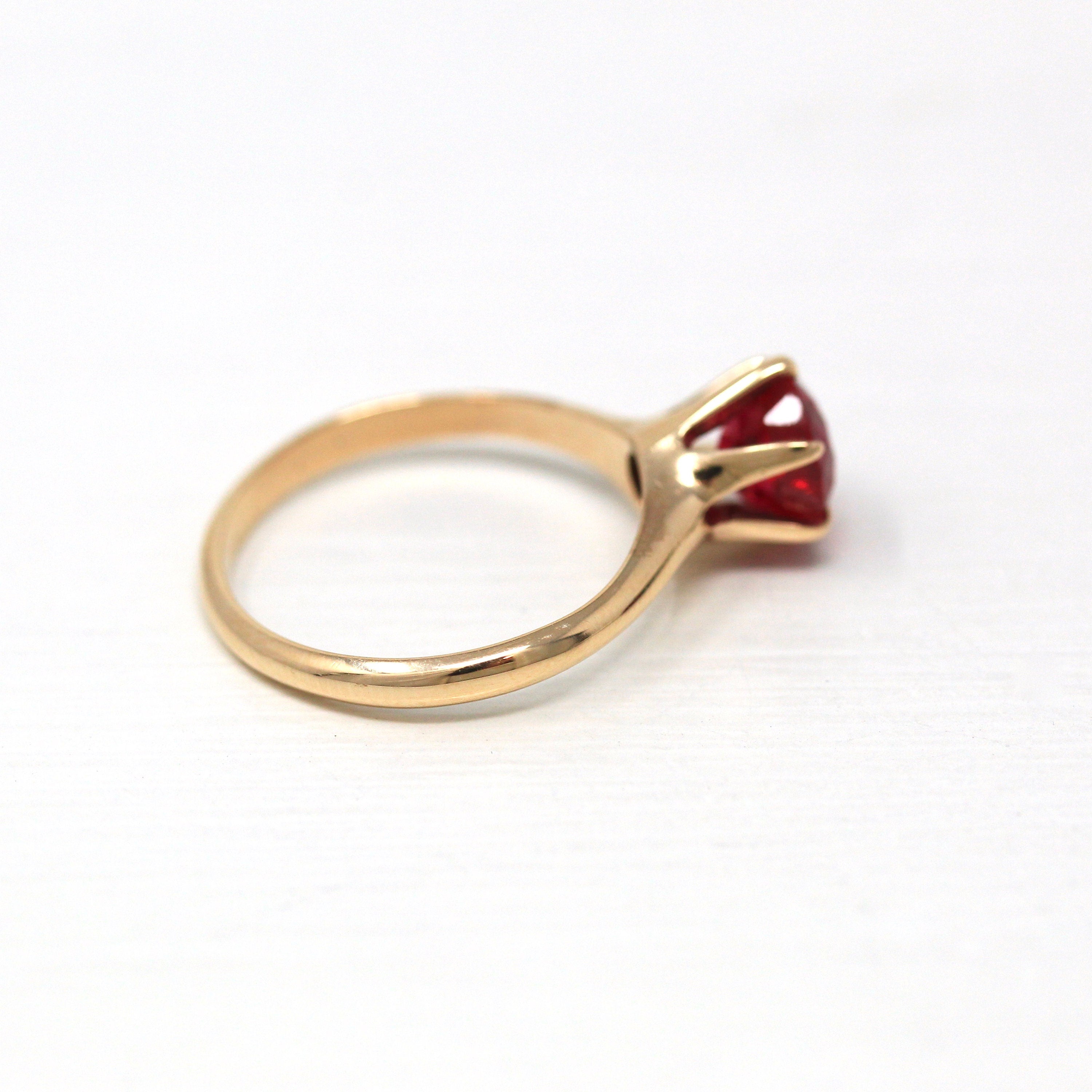 Created Ruby Ring - Retro 10k Yellow Gold Round Faceted .56 CT Red Pink Stone - Vintage Circa 1940s Era Size 5 Fine Solitaire 40s Jewelry