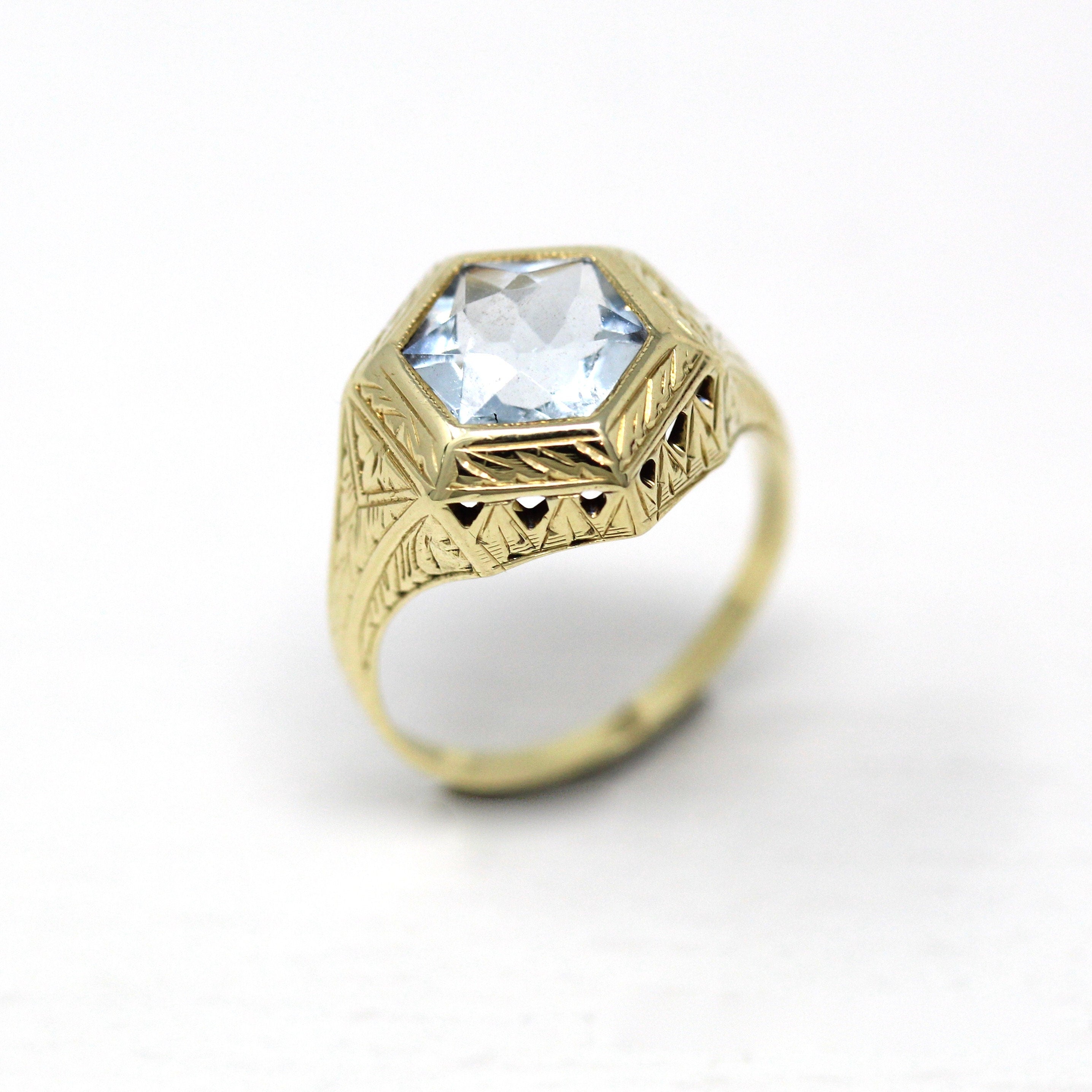 Genuine Aquamarine Ring - Art Deco 14k Yellow Gold Hexagon Cut Gem - Vintage Circa 1930s Era Size 4 3/4 Engagement March Birthstone Jewelry