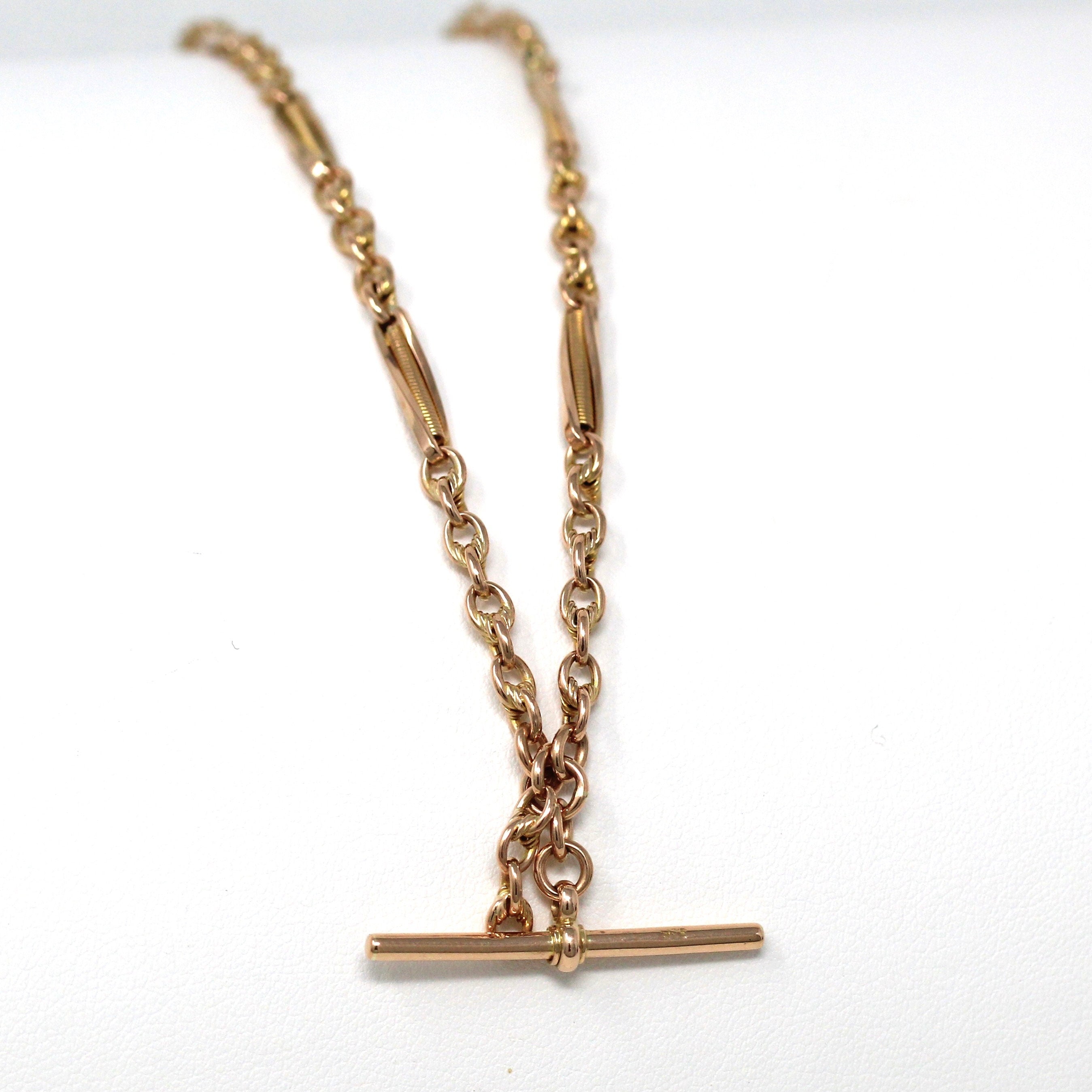 Pocket Watch Chain - Antique 9ct Rose Gold T Bar Spring Ring Swivel Clip Necklace - Edwardian Circa 1910s Fashion Accessory Fine Jewelry