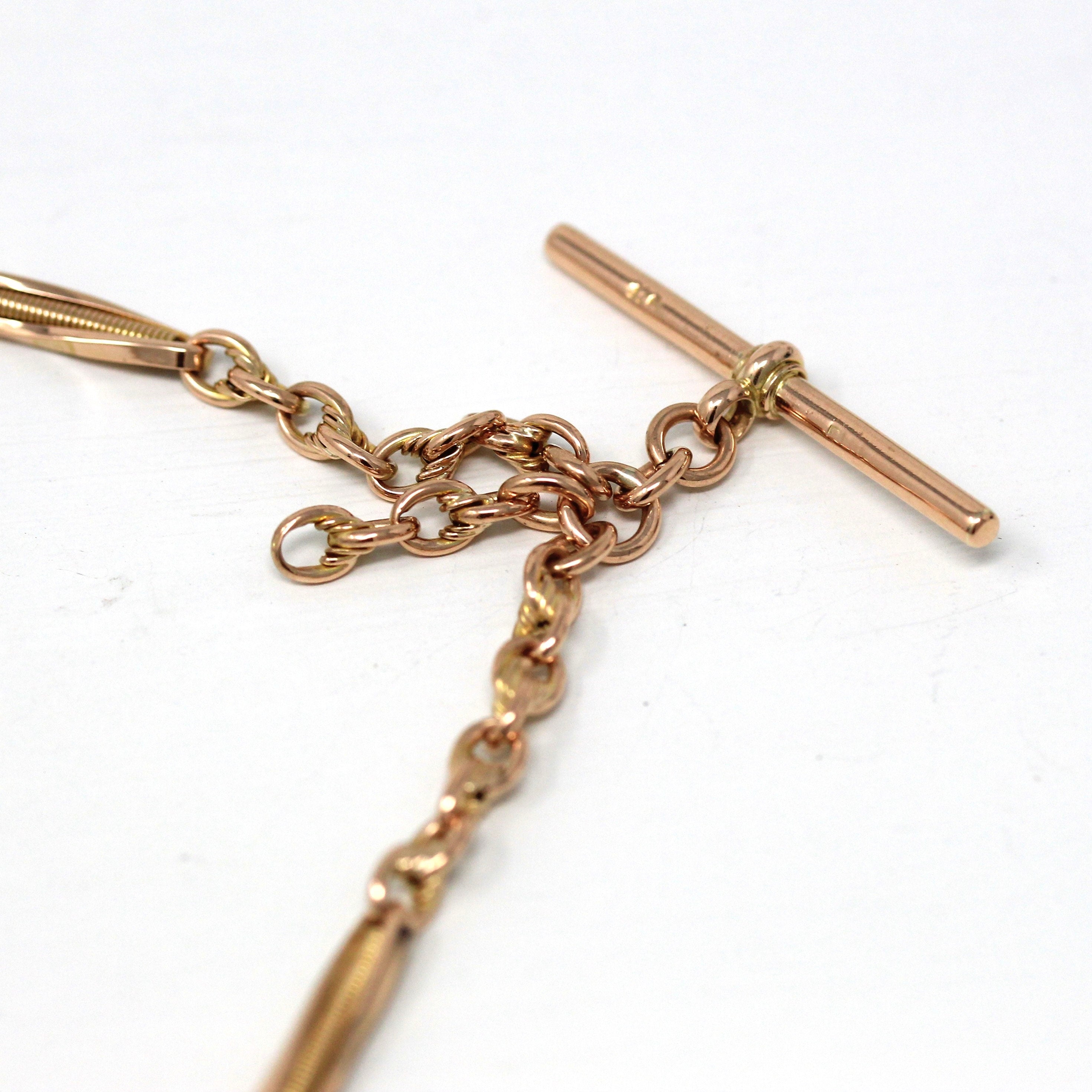 Pocket Watch Chain - Antique 9ct Rose Gold T Bar Spring Ring Swivel Clip Necklace - Edwardian Circa 1910s Fashion Accessory Fine Jewelry