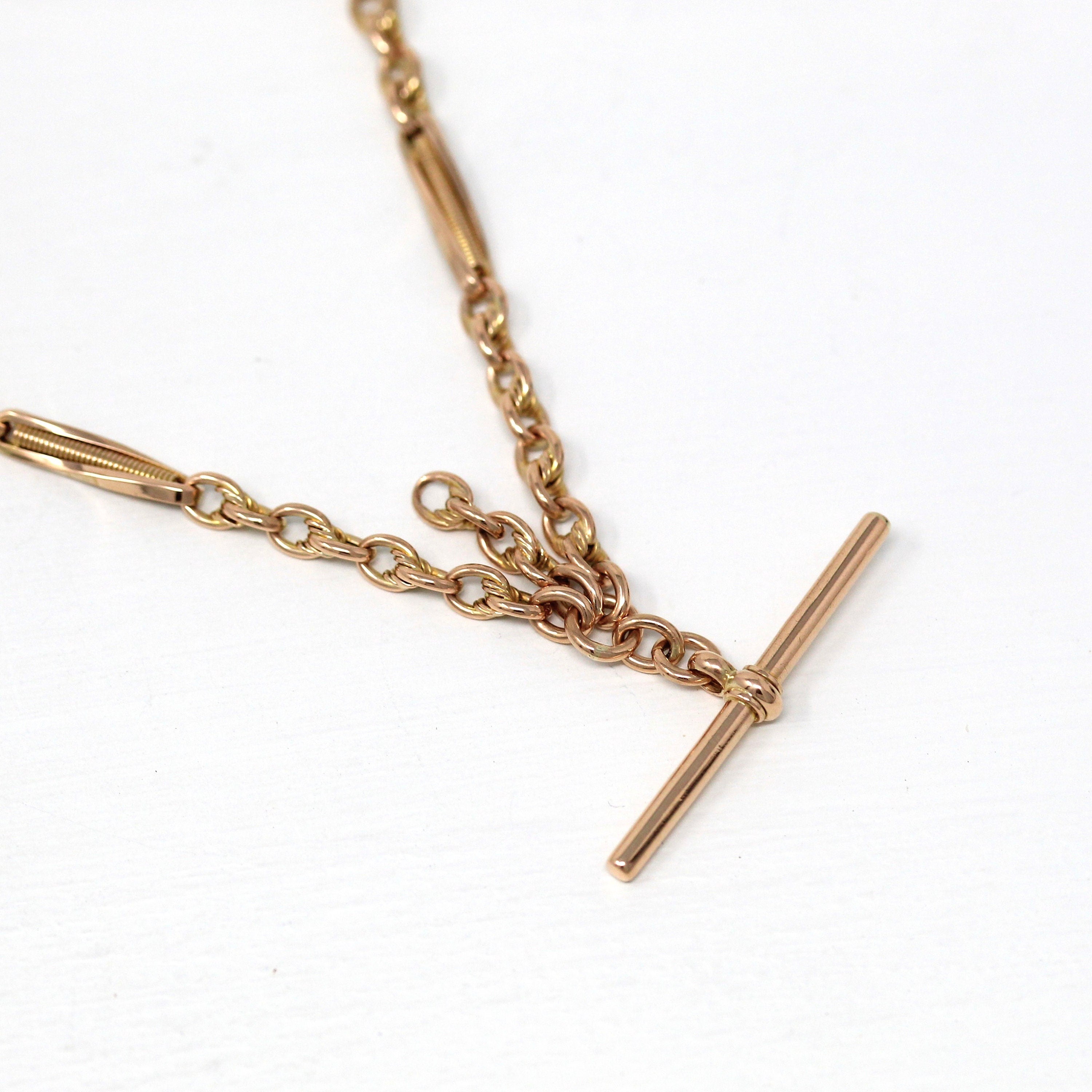 Pocket Watch Chain - Antique 9ct Rose Gold T Bar Spring Ring Swivel Clip Necklace - Edwardian Circa 1910s Fashion Accessory Fine Jewelry