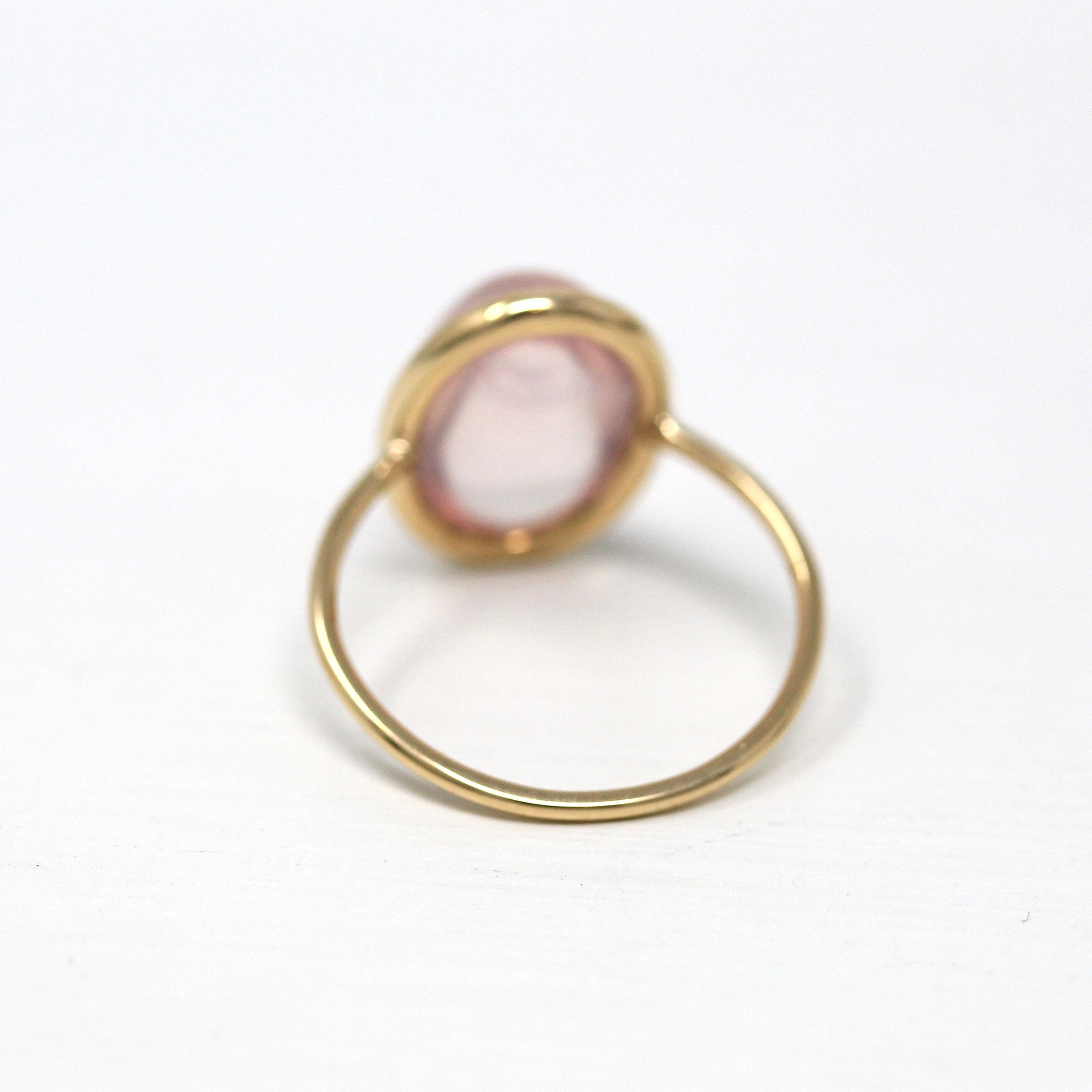 Rose Quartz Ring - Edwardian 14k Yellow Gold 4.97 CT Genuine Pink Gem - Antique Circa 1910s Era Size 6 1/4 Stick Pin Conversion Fine Jewelry