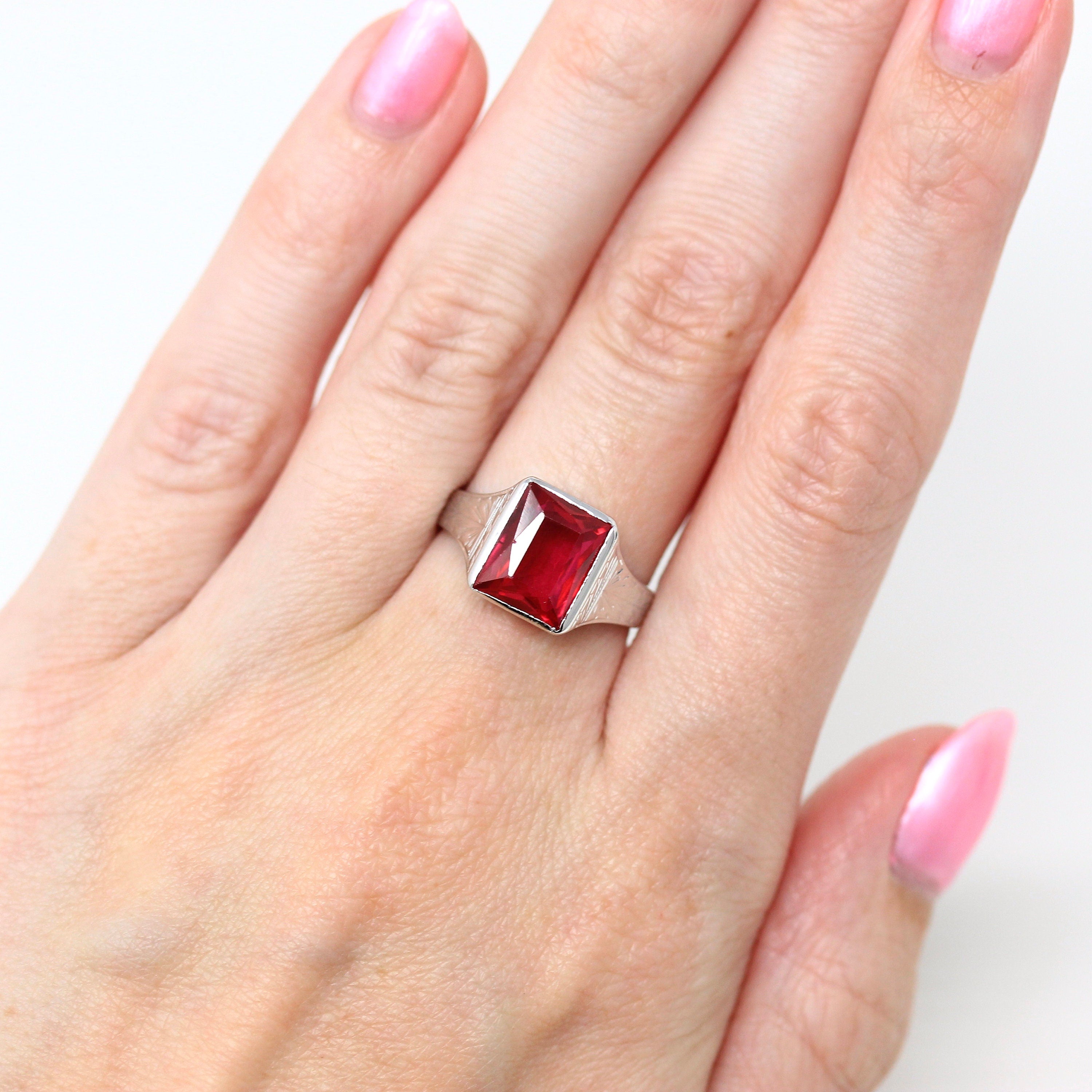 Created Ruby Ring - Art Deco 14k White Gold Rectangular Faceted 4.26 CT Red Pink Stone - Vintage 1930s Size 6 1/4 July Birthstone Jewelry