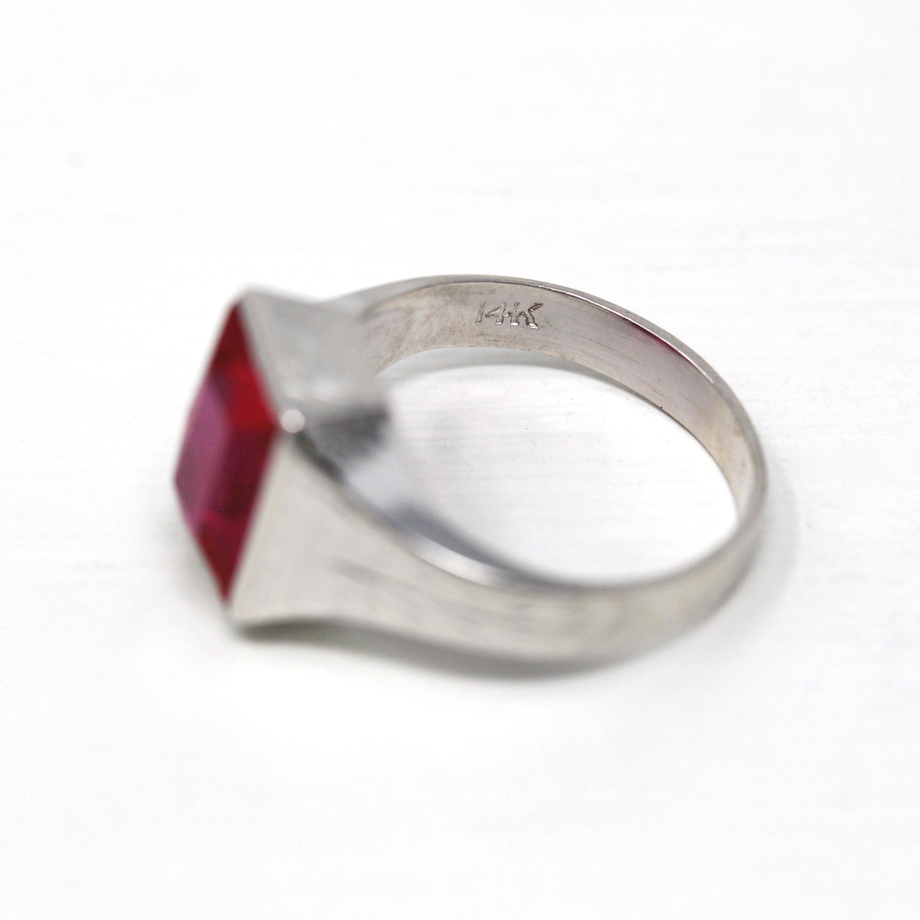 Created Ruby Ring - Art Deco 14k White Gold Rectangular Faceted 4.26 CT Red Pink Stone - Vintage 1930s Size 6 1/4 July Birthstone Jewelry