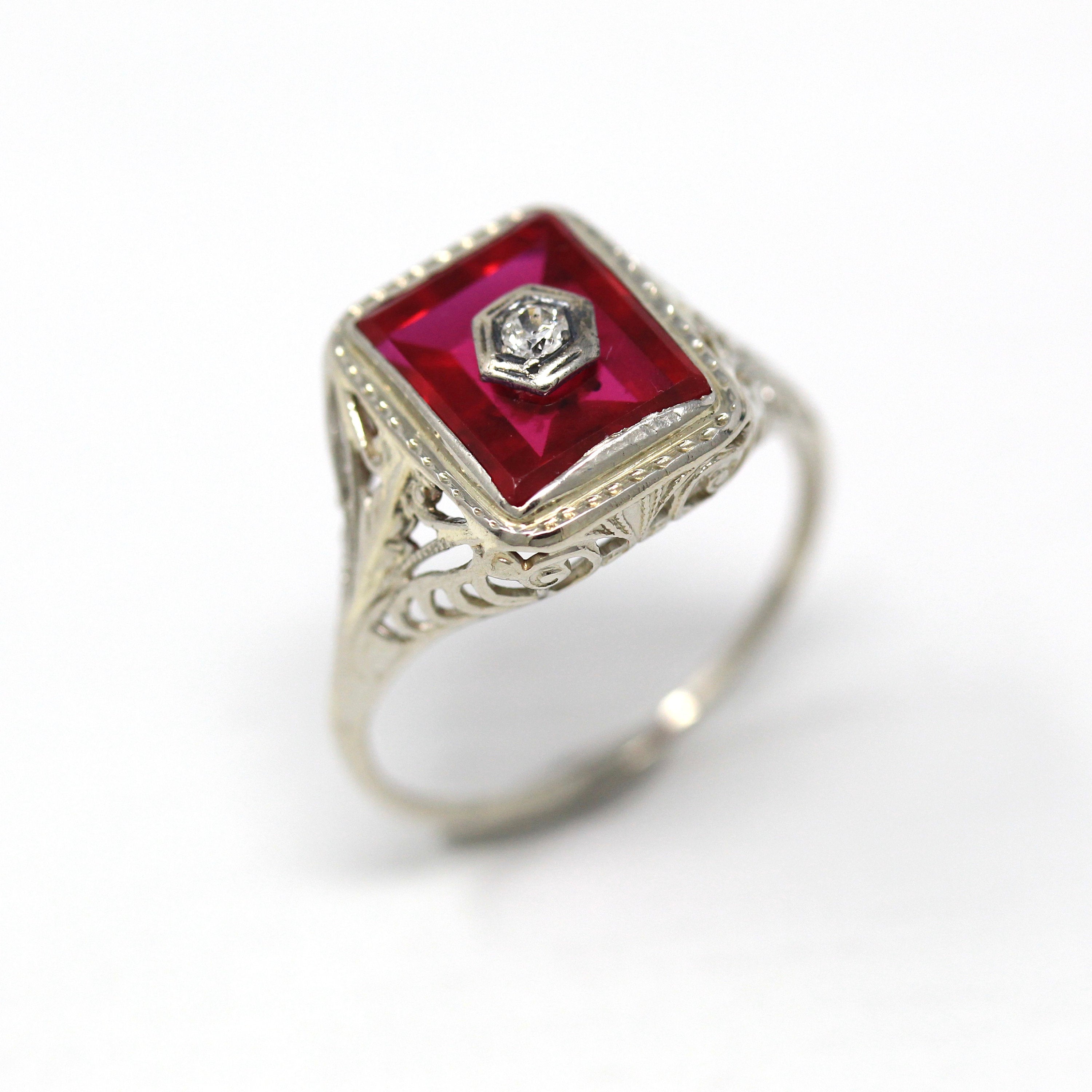 Created Ruby Ring - Art Deco 14k White Gold Red 2.88 CT Stone Genuine Diamond - Vintage Circa 1920s Size 8 1/4 July Birthstone Fine Jewelry